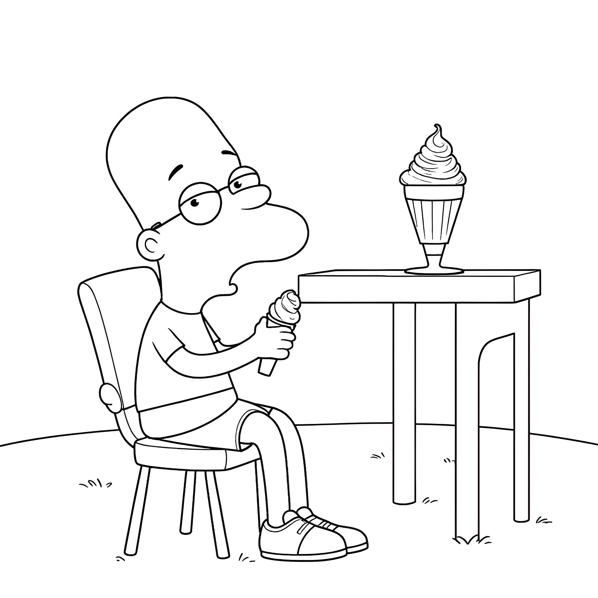 Roger enjoys a delightful ice cream treat Coloring Page (free black-and-white line drawing printable PDF for all, from beginners to advanced learners, including children, teens, adults, and seniors)