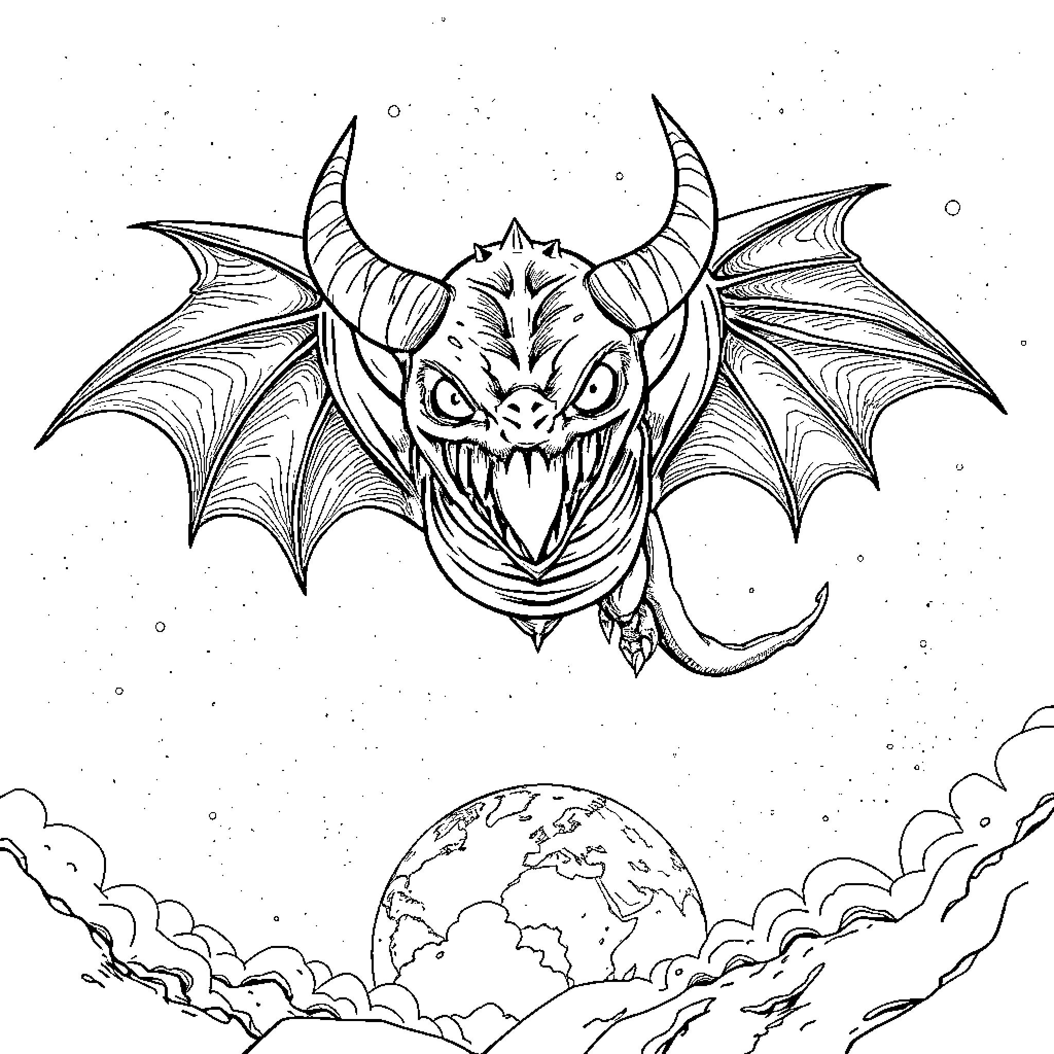 Monster soaring over the earth with menacing presence Coloring Page (free black-and-white line drawing printable PDF for all, from beginners to advanced learners, including children, teens, adults, and seniors)