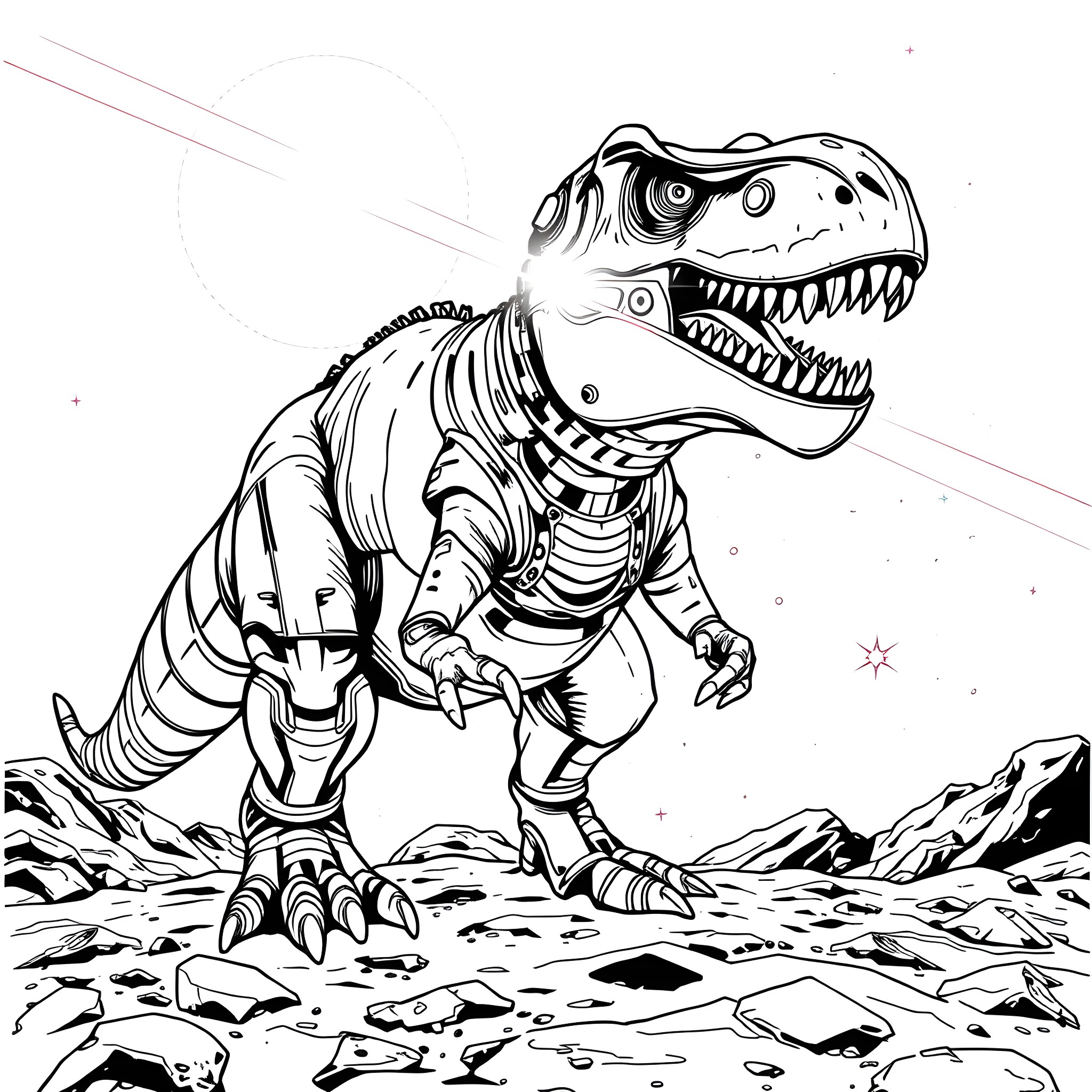 T-Rex stomping through the prehistoric landscape Coloring Page (free black-and-white line drawing printable PDF for all, from beginners to advanced learners, including children, teens, adults, and seniors)