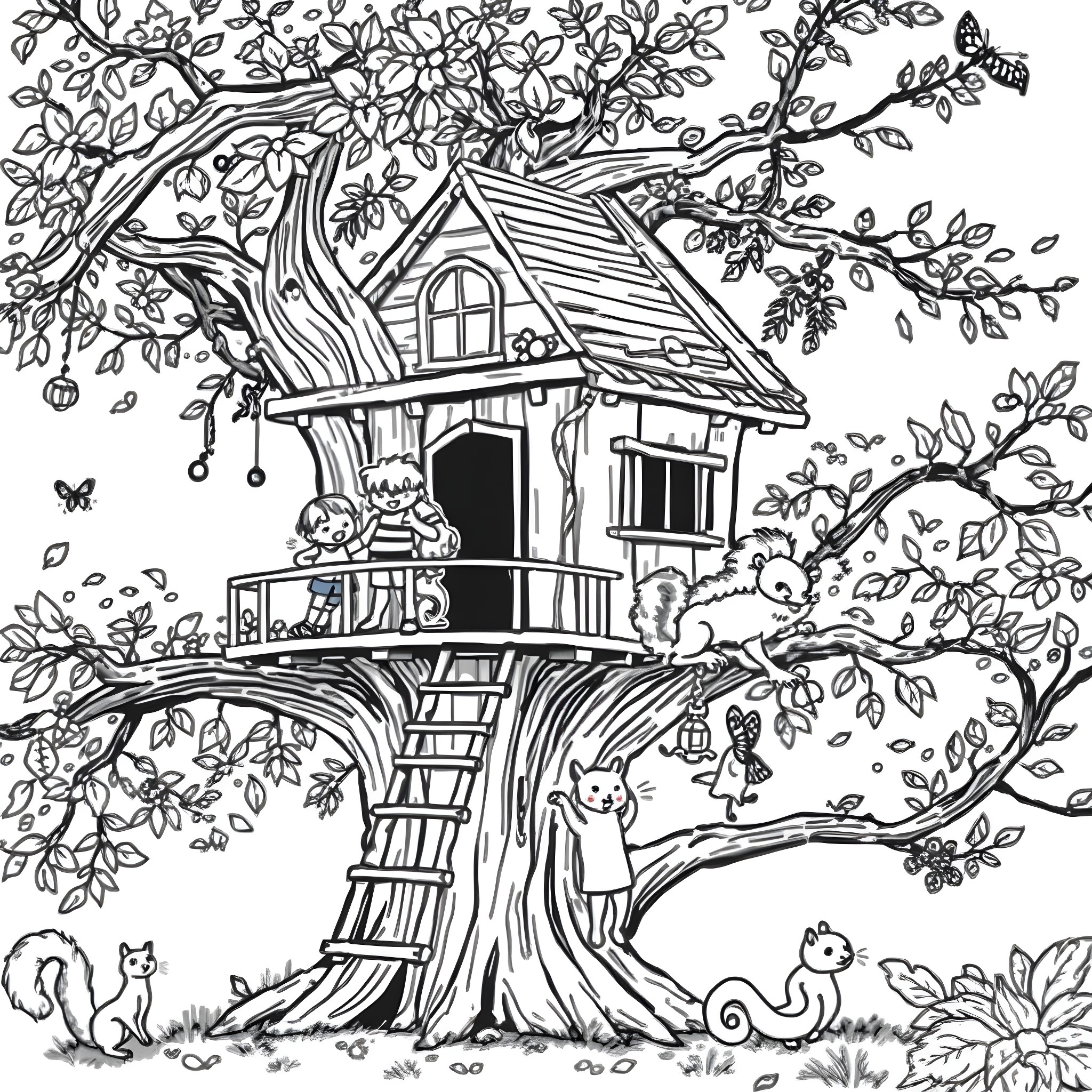 Kid exploring enchanted tree house in nature Coloring Page (free black-and-white line drawing printable PDF for all, from beginners to advanced learners, including children, teens, adults, and seniors)