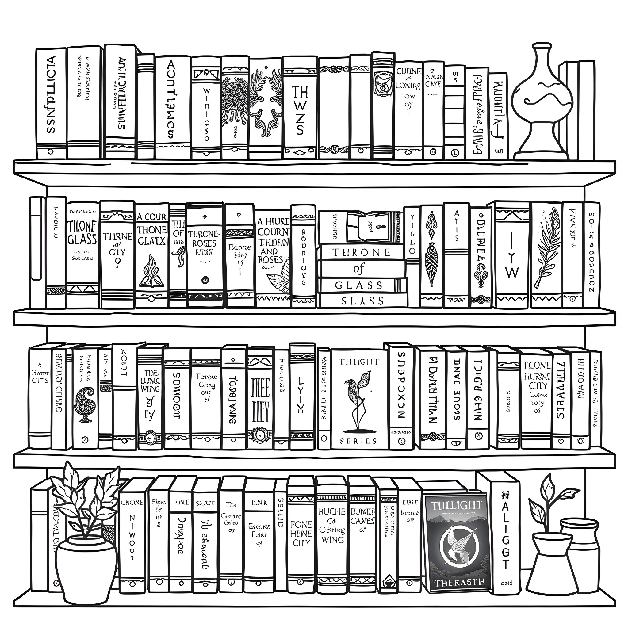 Bookshelf with Books, Plants, and Scientific Glassware Coloring Page (free black-and-white line drawing printable PDF for all, from beginners to advanced learners, including children, teens, adults, and seniors)