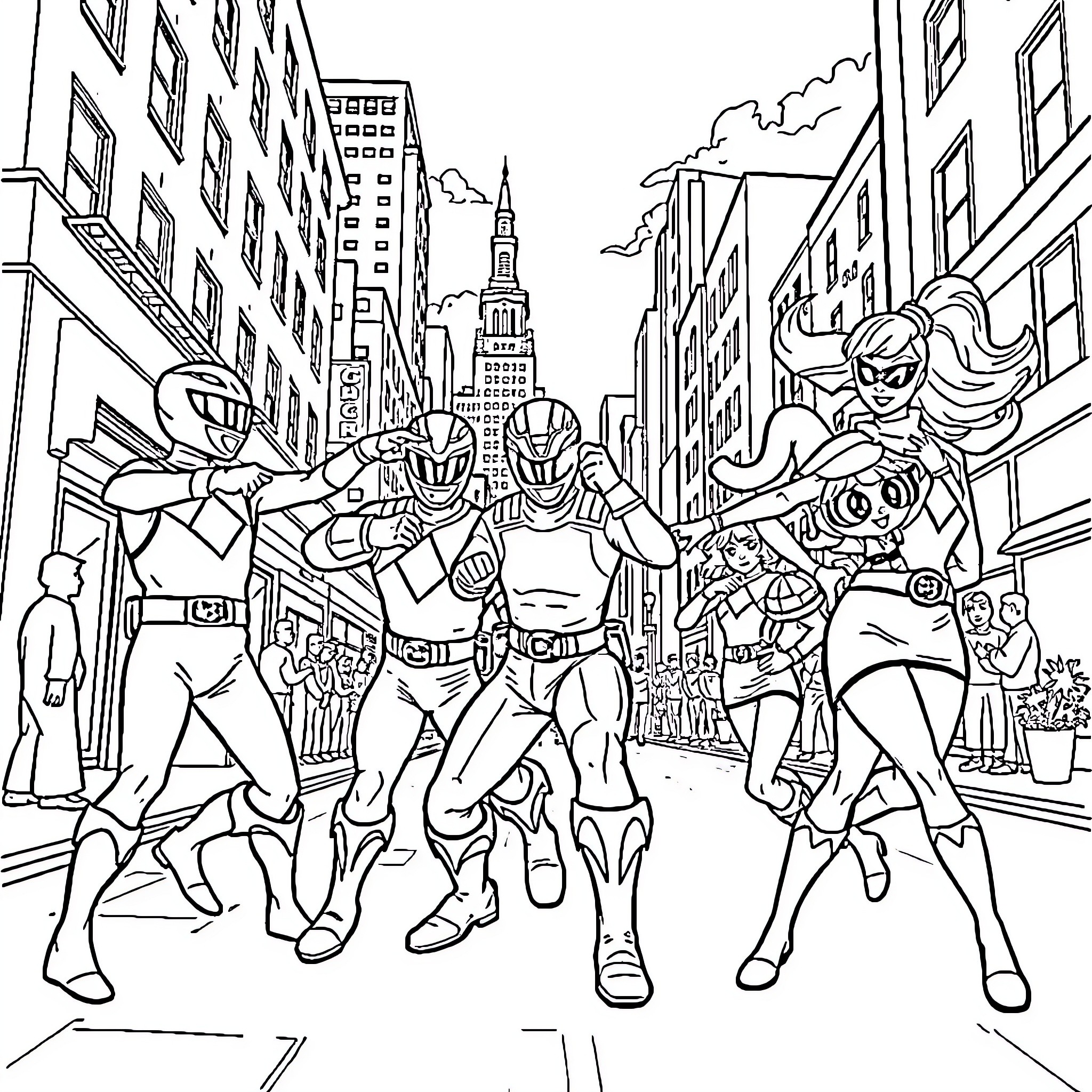 Ranger team defending the city streets Coloring Page (free black-and-white line drawing printable PDF for all, from beginners to advanced learners, including children, teens, adults, and seniors)