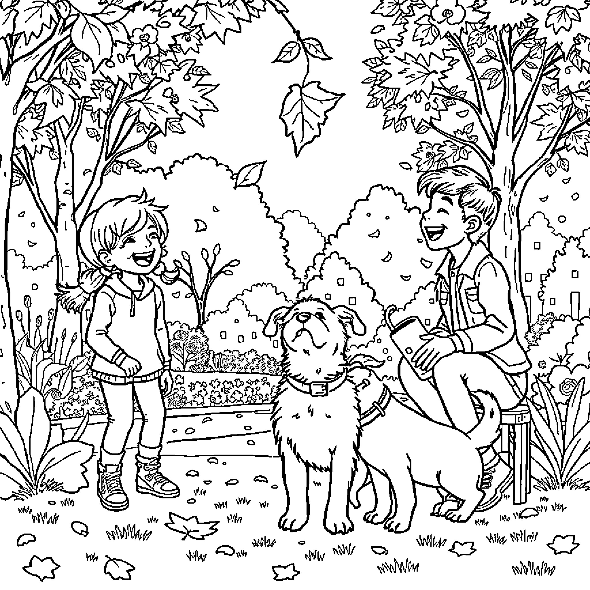 Leaf children playing joyfully with pet in nature Coloring Page (free black-and-white line drawing printable PDF for all, from beginners to advanced learners, including children, teens, adults, and seniors)