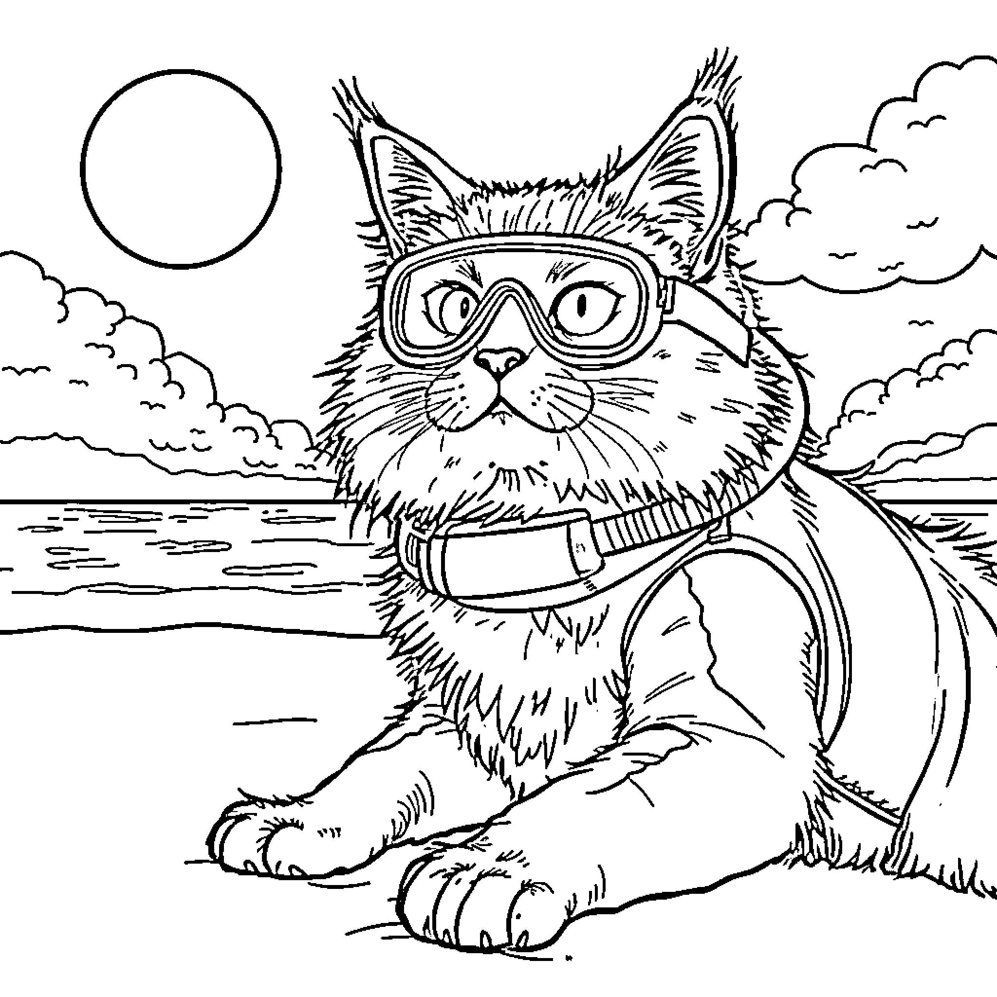 Maine Coon cat wearing swimming goggles by the ocean Coloring Page (free black-and-white line drawing printable PDF for all, from beginners to advanced learners, including children, teens, adults, and seniors)