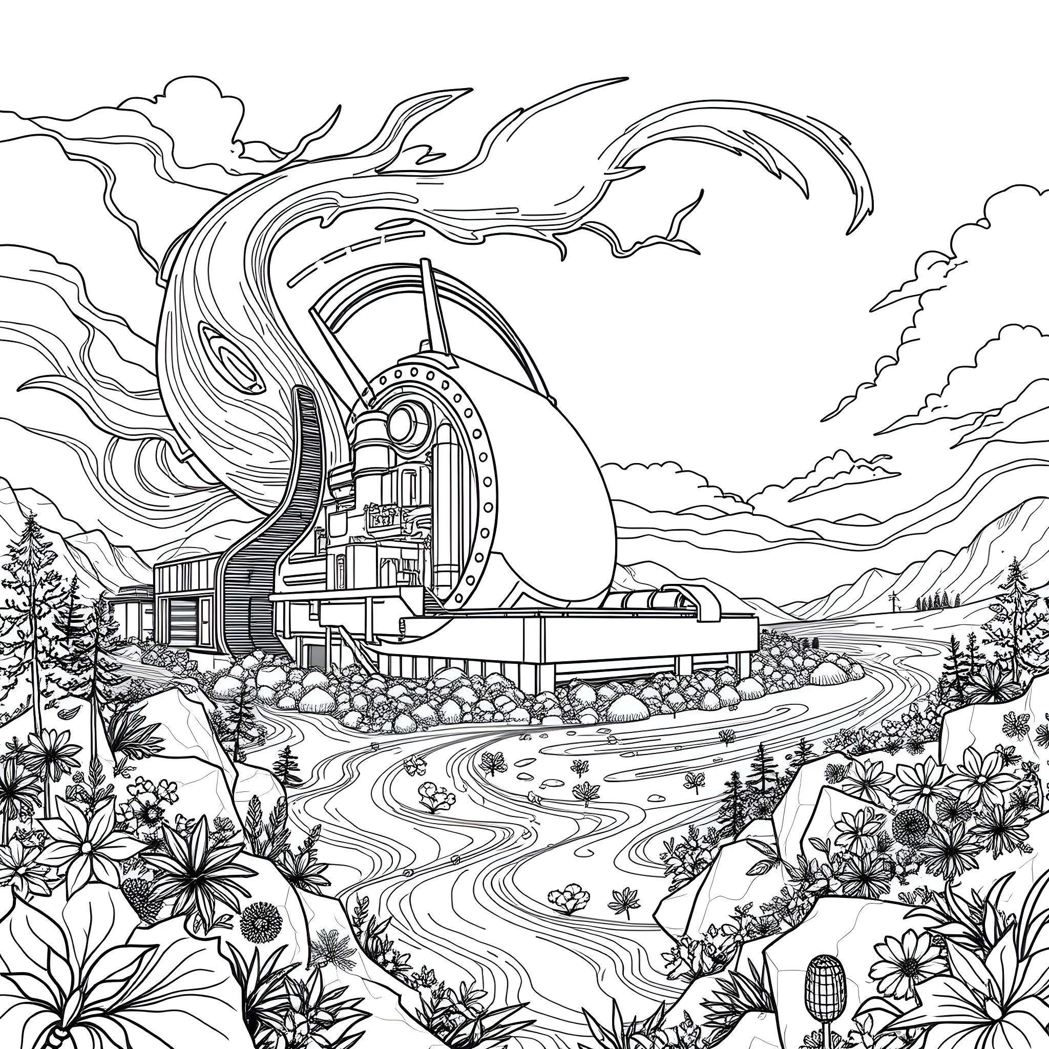 Generator of Futuristic Architectural Masterpiece in Nature Coloring Page (free black-and-white line drawing printable PDF for all, from beginners to advanced learners, including children, teens, adults, and seniors)