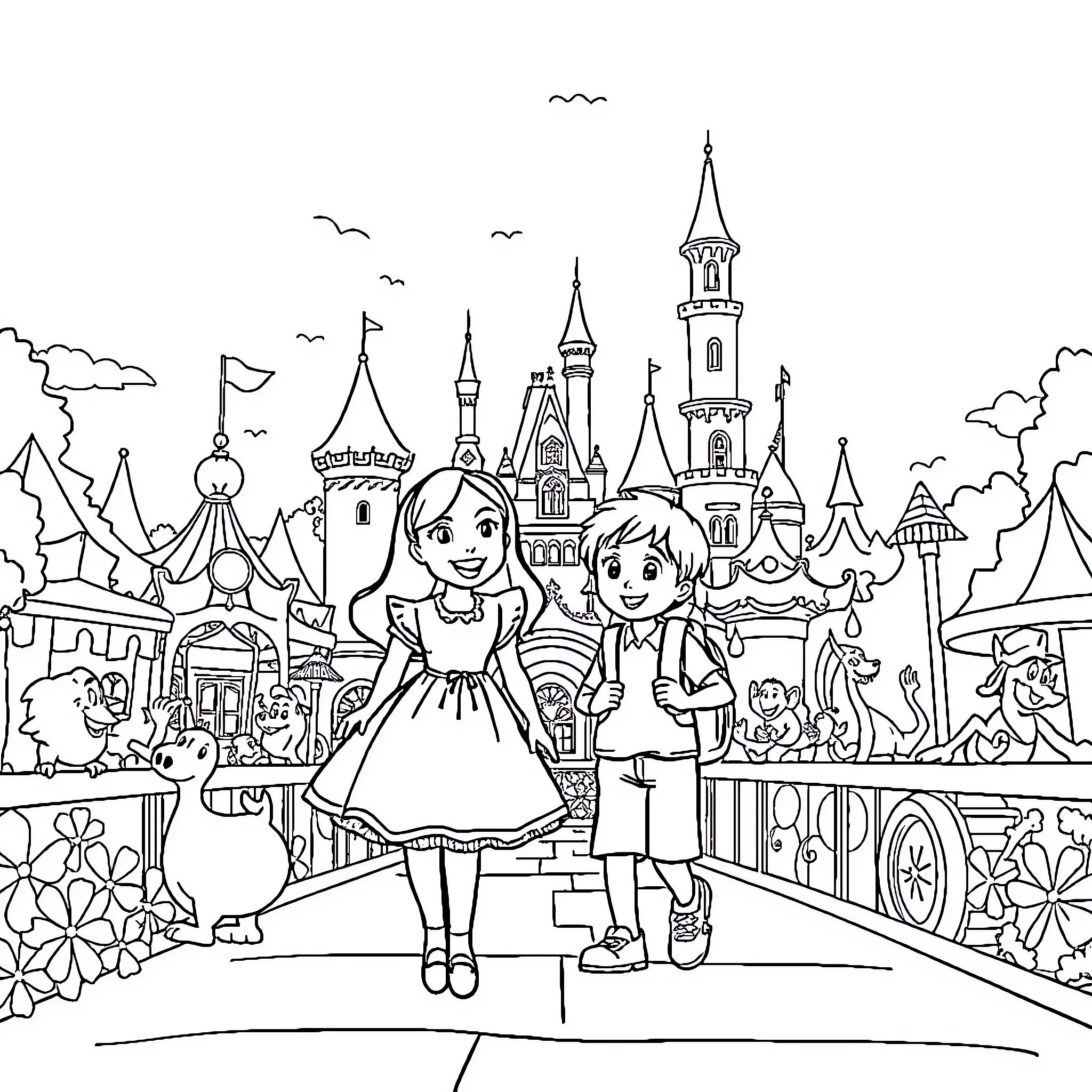 Alice and Her Friend Explore the Magical Castle Coloring Page (free black-and-white line drawing printable PDF for all, from beginners to advanced learners, including children, teens, adults, and seniors)
