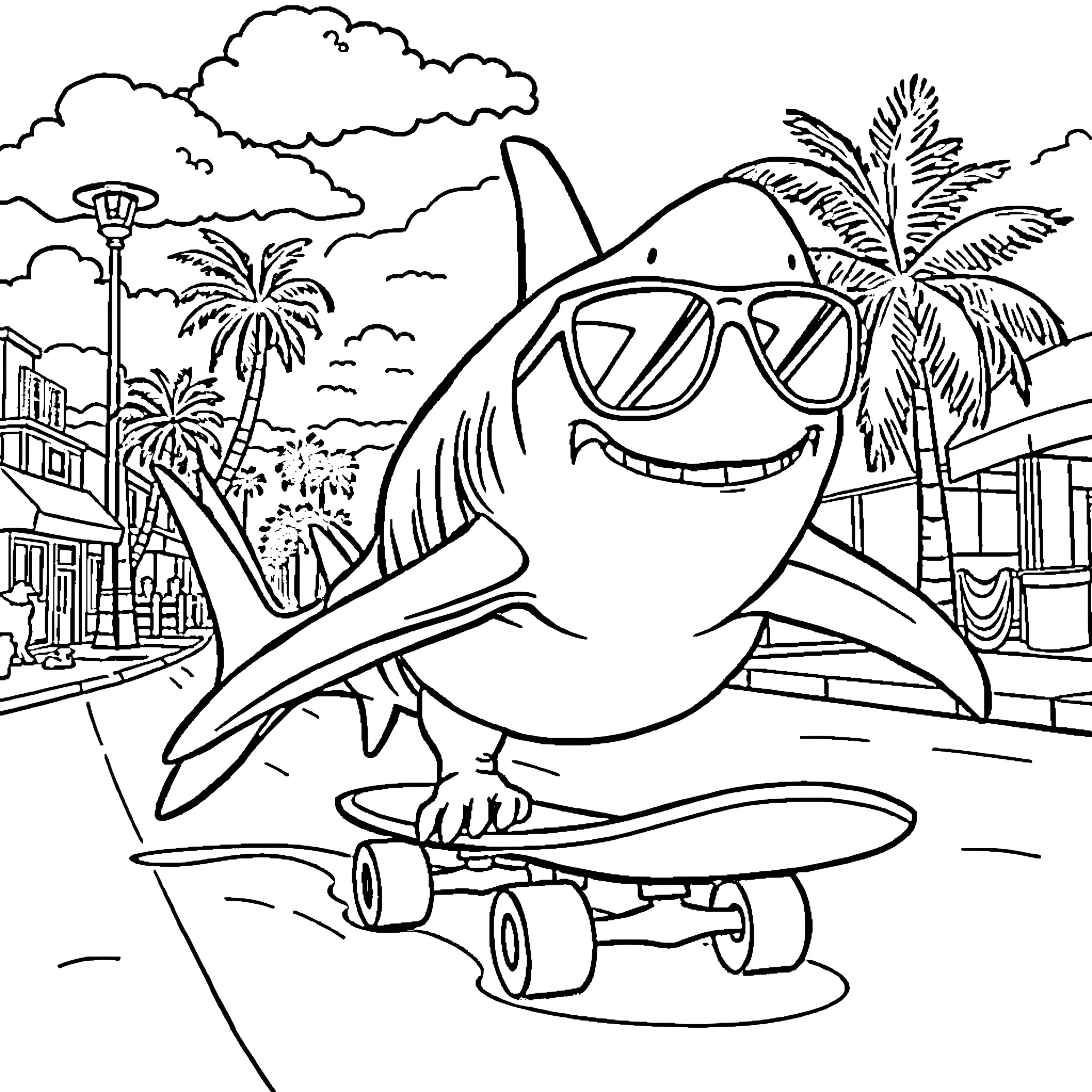 Shark riding skateboard in tropical paradise Coloring Page (free black-and-white line drawing printable PDF for all, from beginners to advanced learners, including children, teens, adults, and seniors)