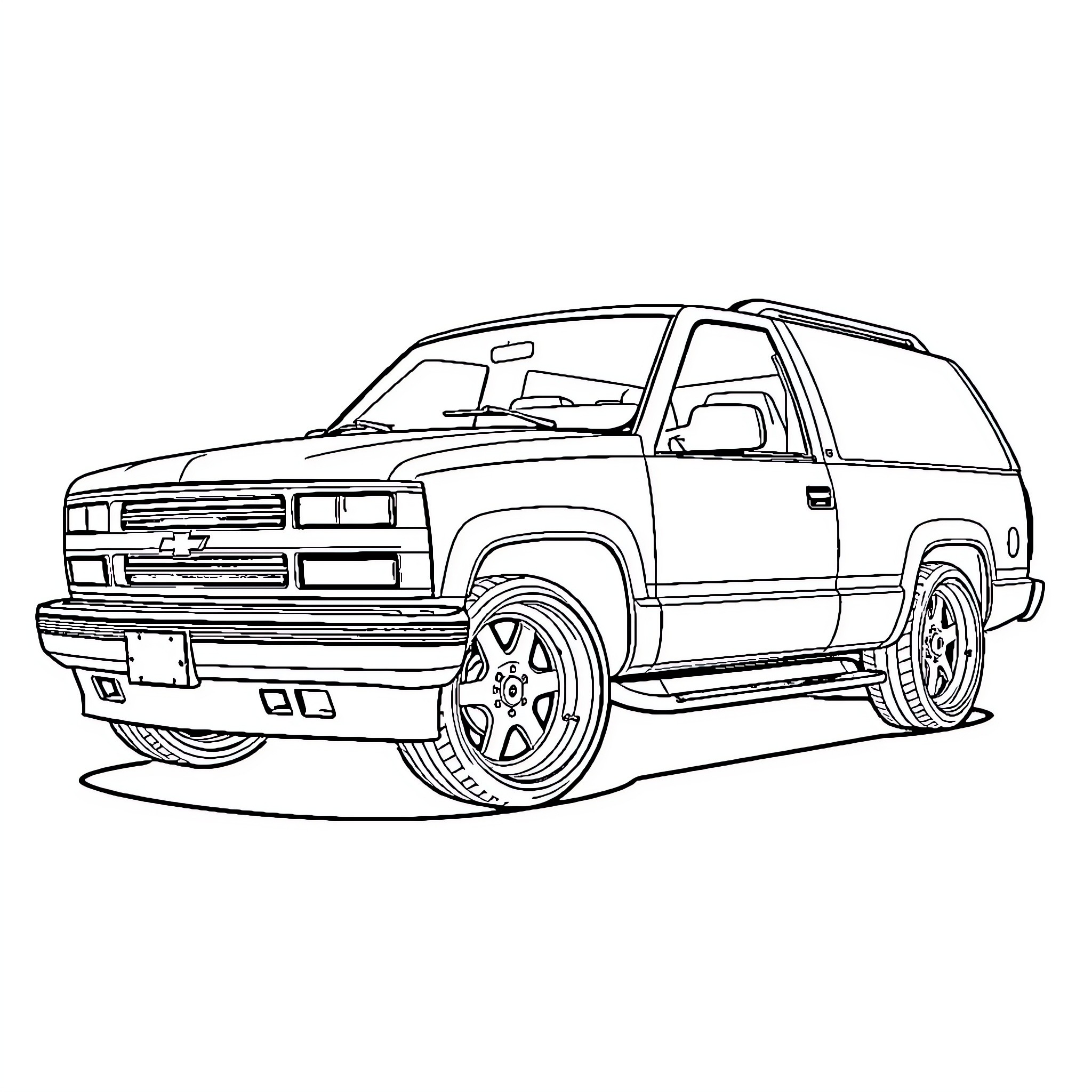 Tahoe Truck with Sporty Modifications Coloring Page (free black-and-white line drawing printable PDF for all, from beginners to advanced learners, including children, teens, adults, and seniors)