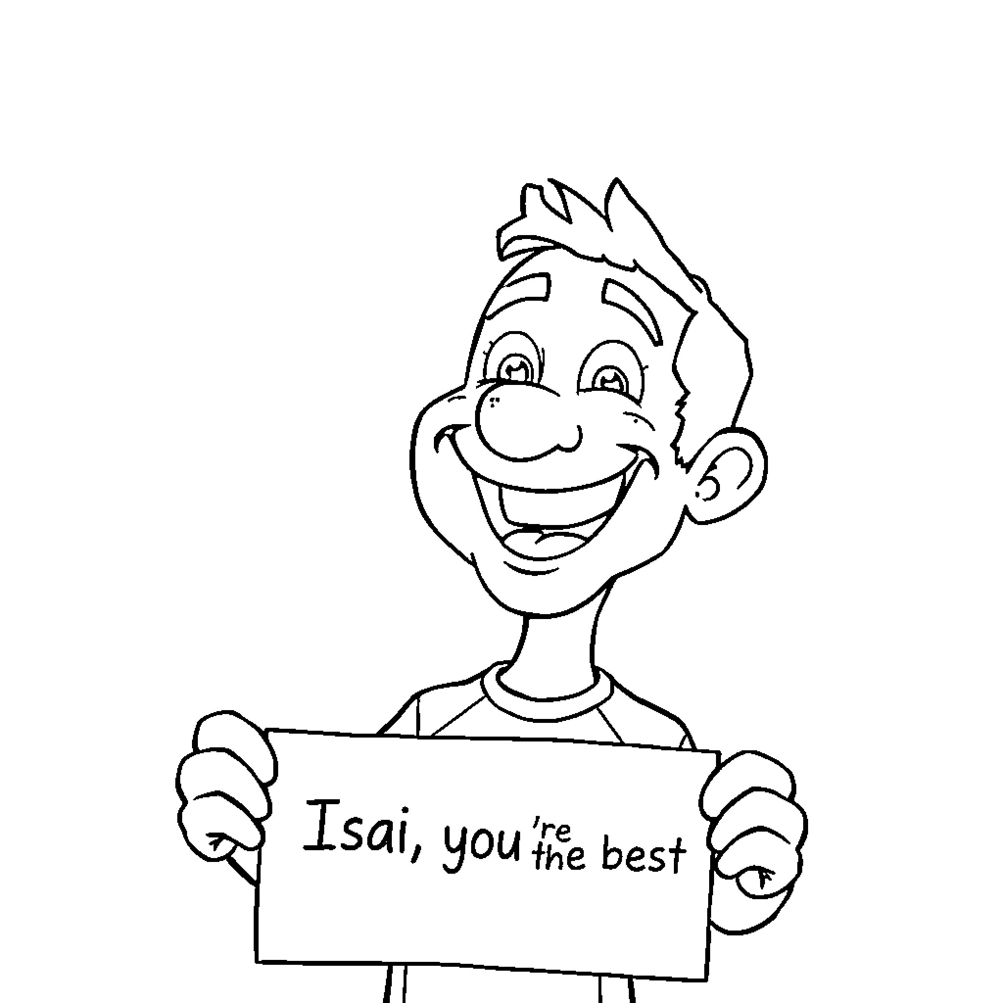 Marc Marquez's cheerful character holding motivational message Coloring Page (free black-and-white line drawing printable PDF for all, from beginners to advanced learners, including children, teens, adults, and seniors)