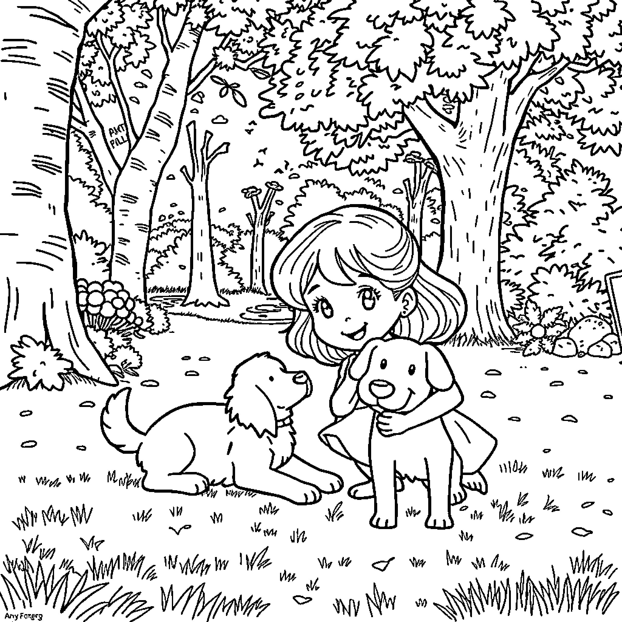 Anya's Playful Adventure with Furry Friends Coloring Page (free black-and-white line drawing printable PDF for all, from beginners to advanced learners, including children, teens, adults, and seniors)