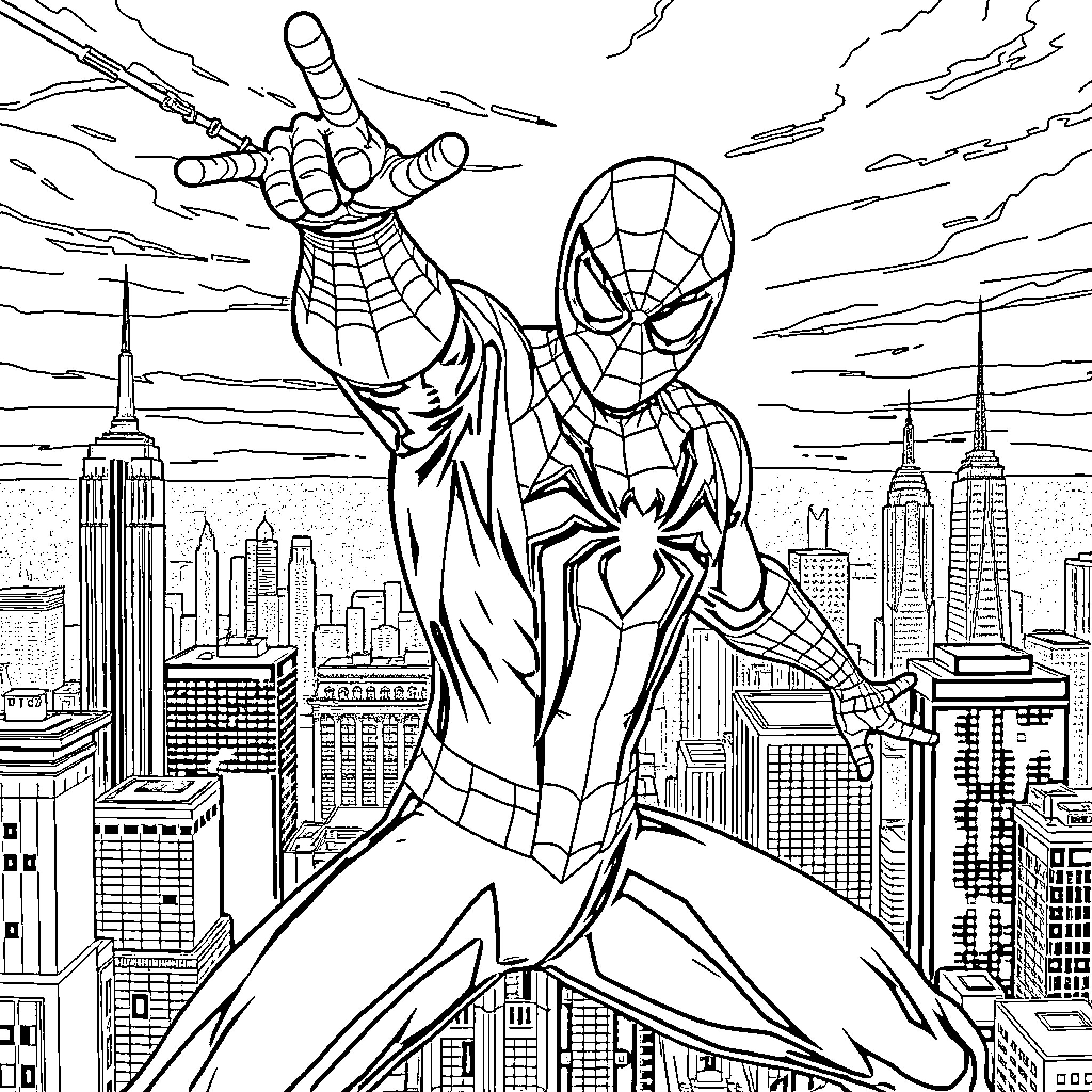 Spiderman heroically swinging through the city skyline Coloring Page (free black-and-white line drawing printable PDF for all, from beginners to advanced learners, including children, teens, adults, and seniors)
