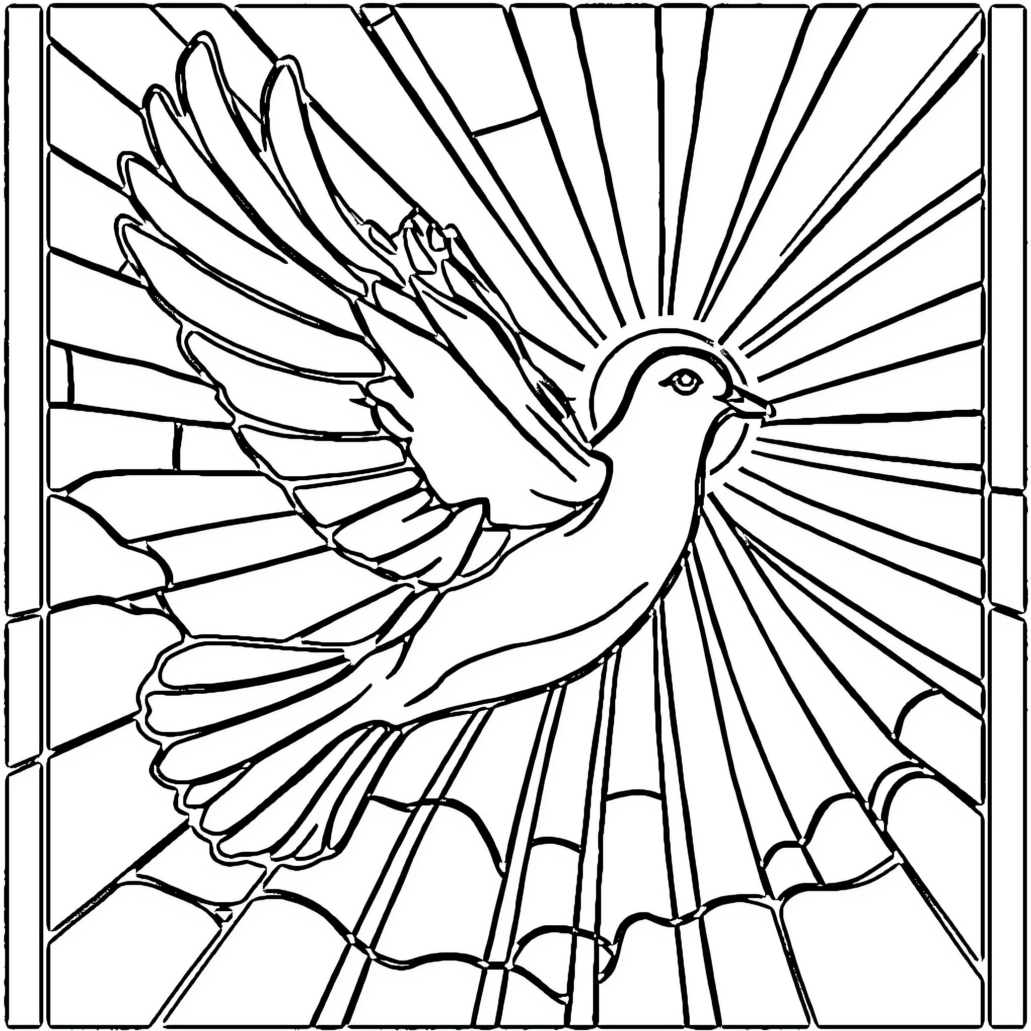 Dove in flight with radiant rays Coloring Page (free black-and-white line drawing printable PDF for all, from beginners to advanced learners, including children, teens, adults, and seniors)