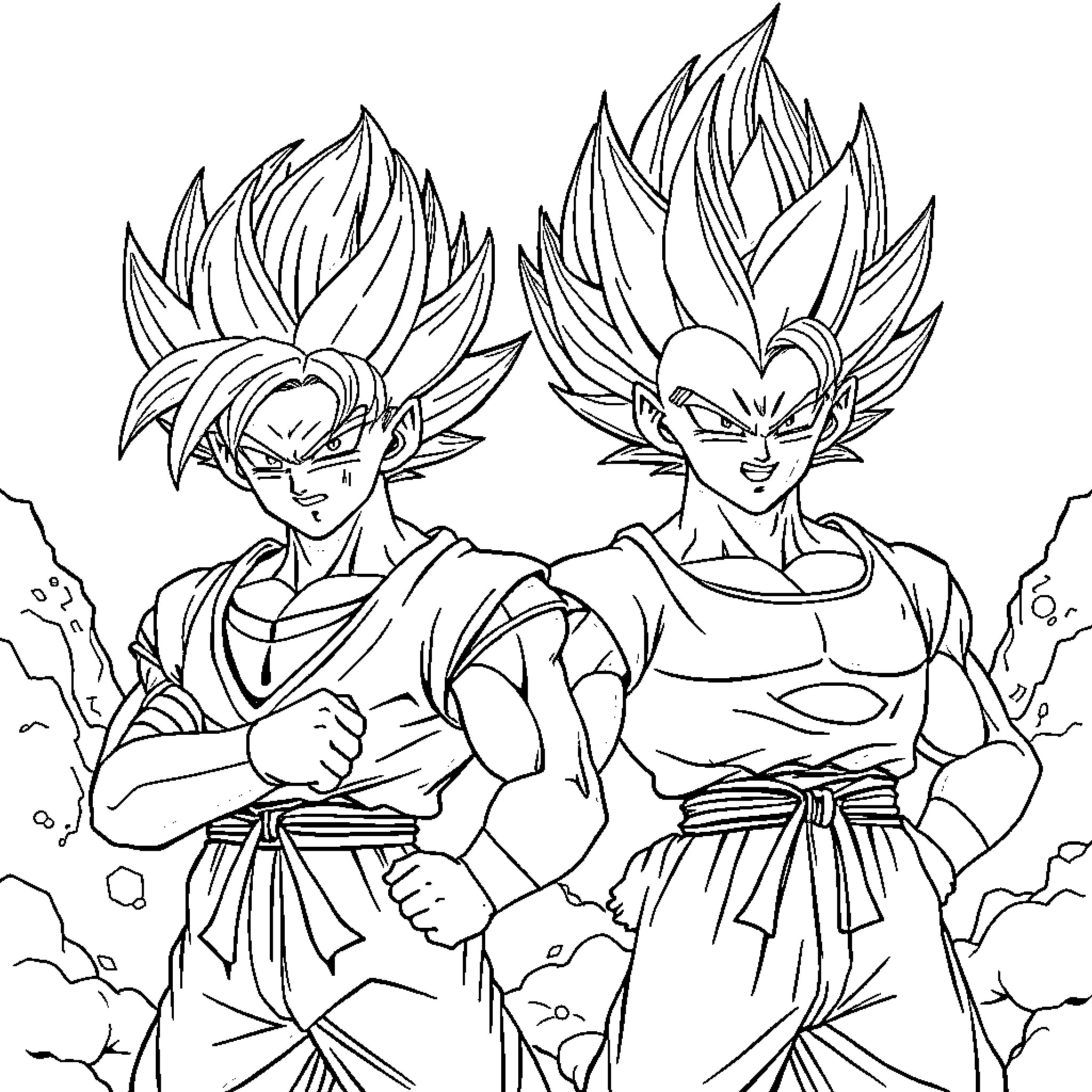 Goku and Vegeta in fierce combat poses Coloring Page (free black-and-white line drawing printable PDF for all, from beginners to advanced learners, including children, teens, adults, and seniors)