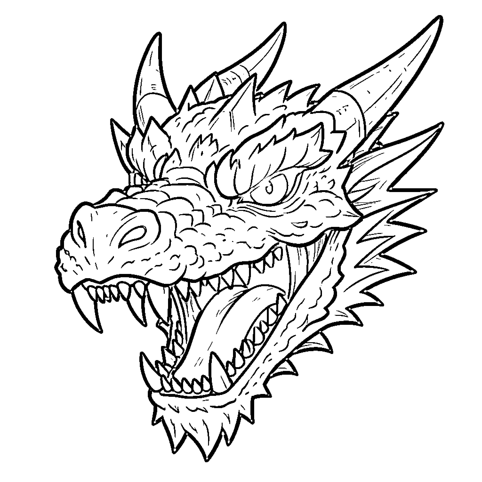 Dragon Fiercely Roaring with Sharp Fangs Coloring Page (free black-and-white line drawing printable PDF for all, from beginners to advanced learners, including children, teens, adults, and seniors)