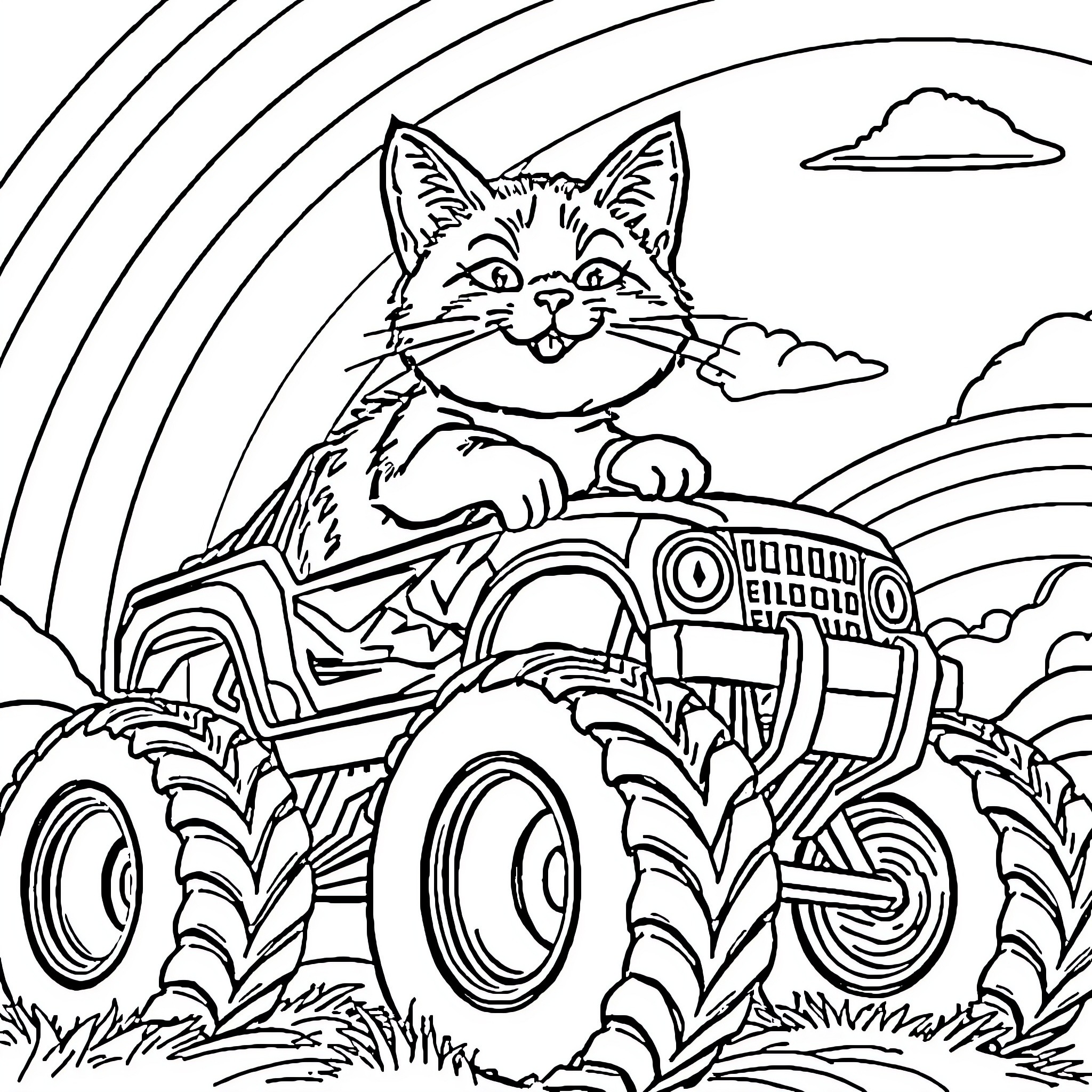 Kitty driving colorful monster truck through field Coloring Page (free black-and-white line drawing printable PDF for all, from beginners to advanced learners, including children, teens, adults, and seniors)