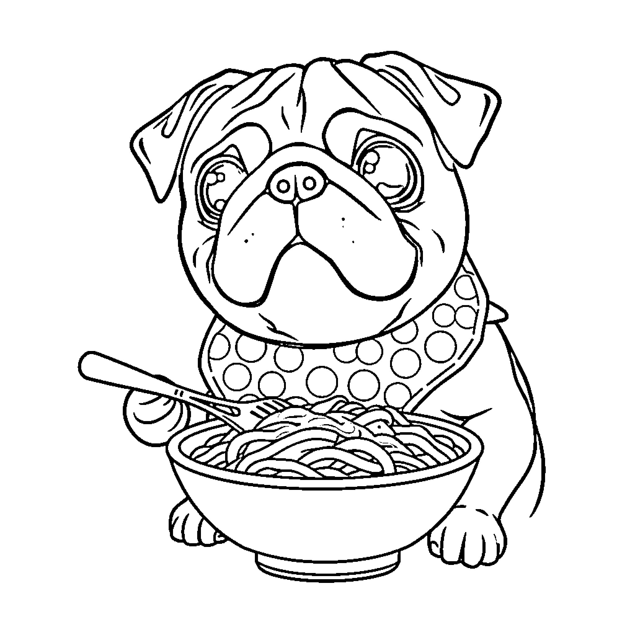 Pug enjoying a tasty noodle bowl Coloring Page (free black-and-white line drawing printable PDF for all, from beginners to advanced learners, including children, teens, adults, and seniors)