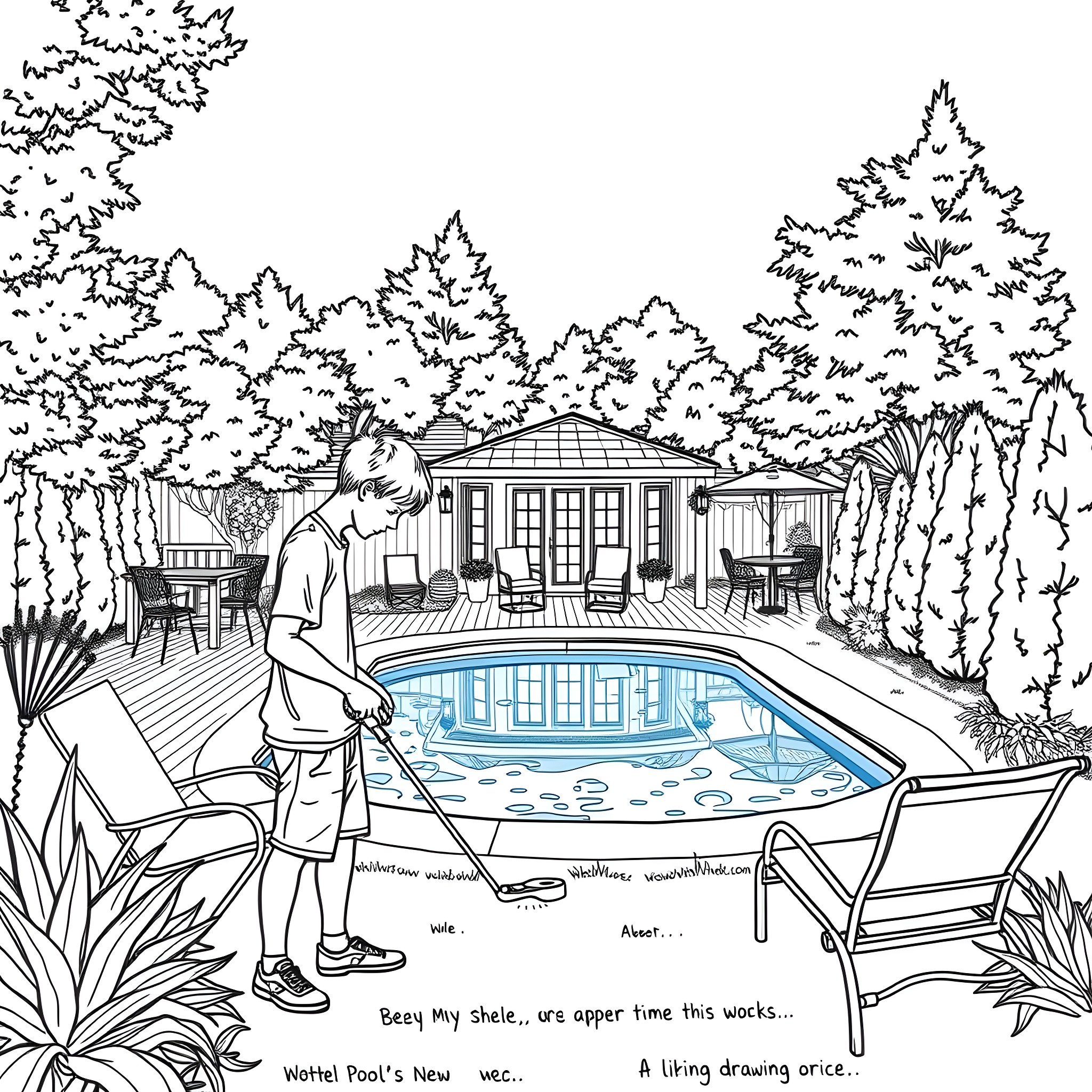 Teen Guy Relaxes by the Pool on a Summer Day Coloring Page (free black-and-white line drawing printable PDF for all, from beginners to advanced learners, including children, teens, adults, and seniors)