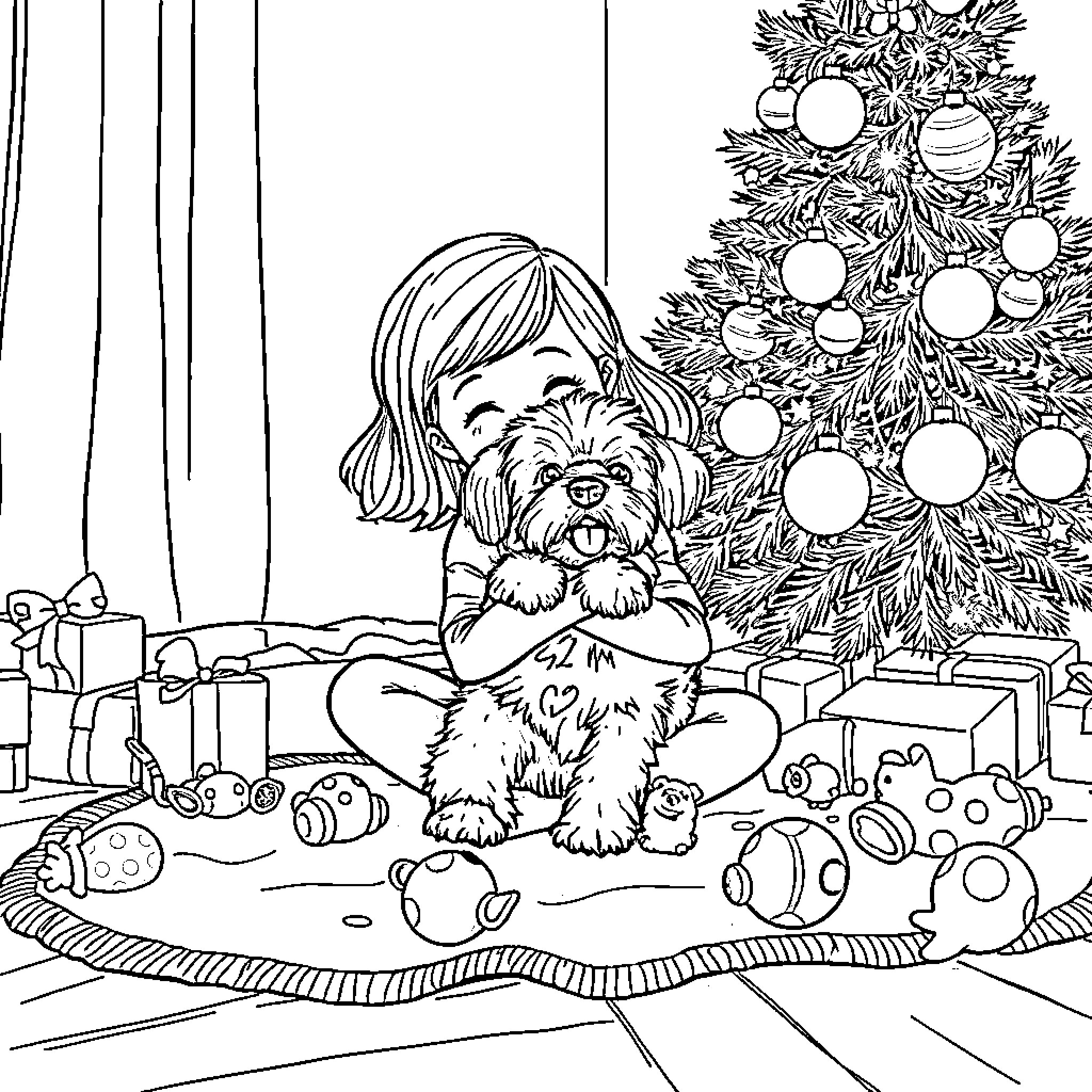 Girl cuddles her pet dog near Christmas tree Coloring Page (free black-and-white line drawing printable PDF for all, from beginners to advanced learners, including children, teens, adults, and seniors)