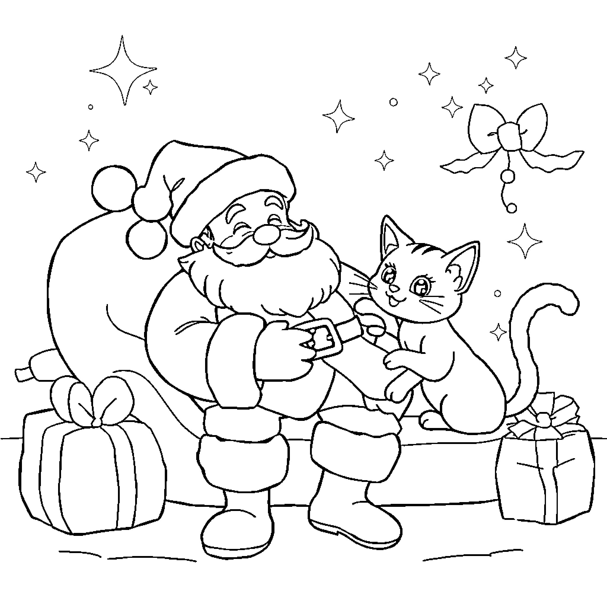 Santa Claus playing with a cat near Christmas gifts Coloring Page (free black-and-white line drawing printable PDF for all, from beginners to advanced learners, including children, teens, adults, and seniors)
