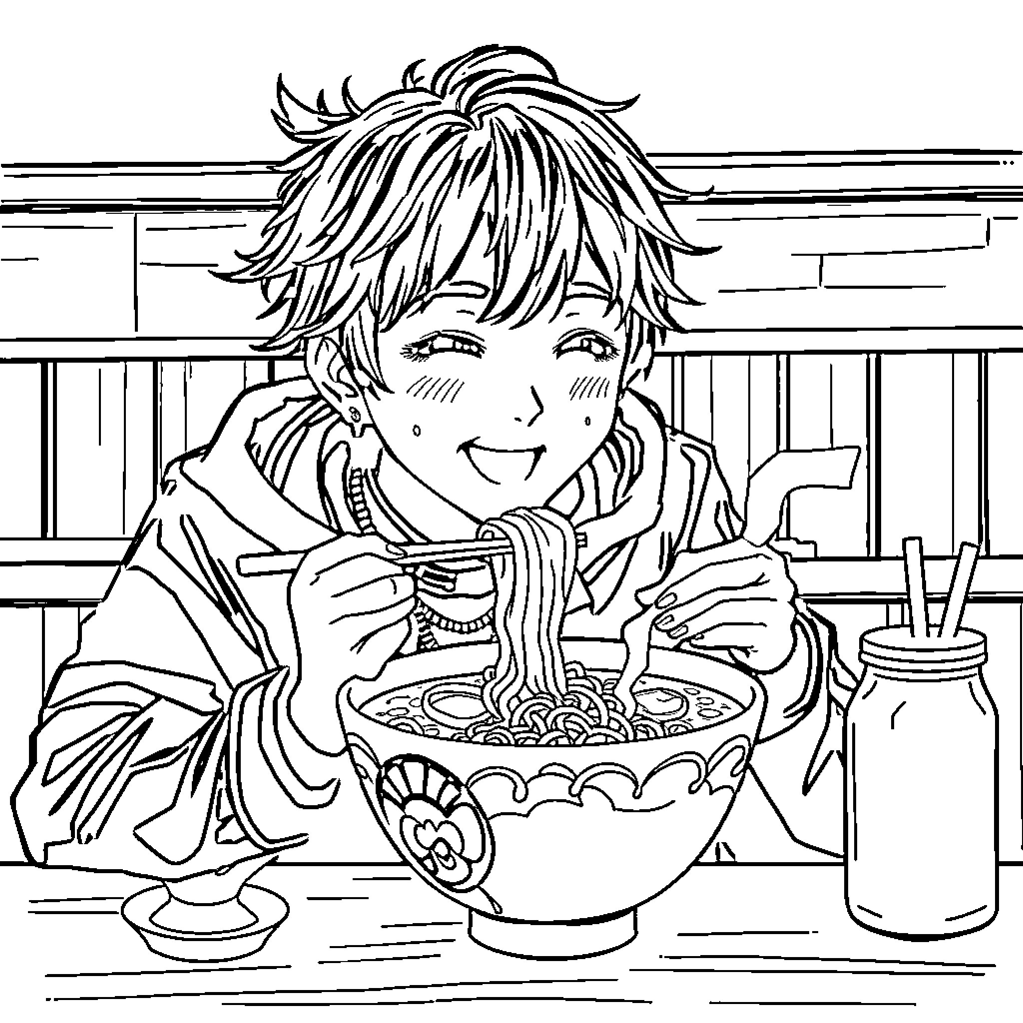 Rumi enjoying a delicious meal in a traditional setting Coloring Page (free black-and-white line drawing printable PDF for all, from beginners to advanced learners, including children, teens, adults, and seniors)