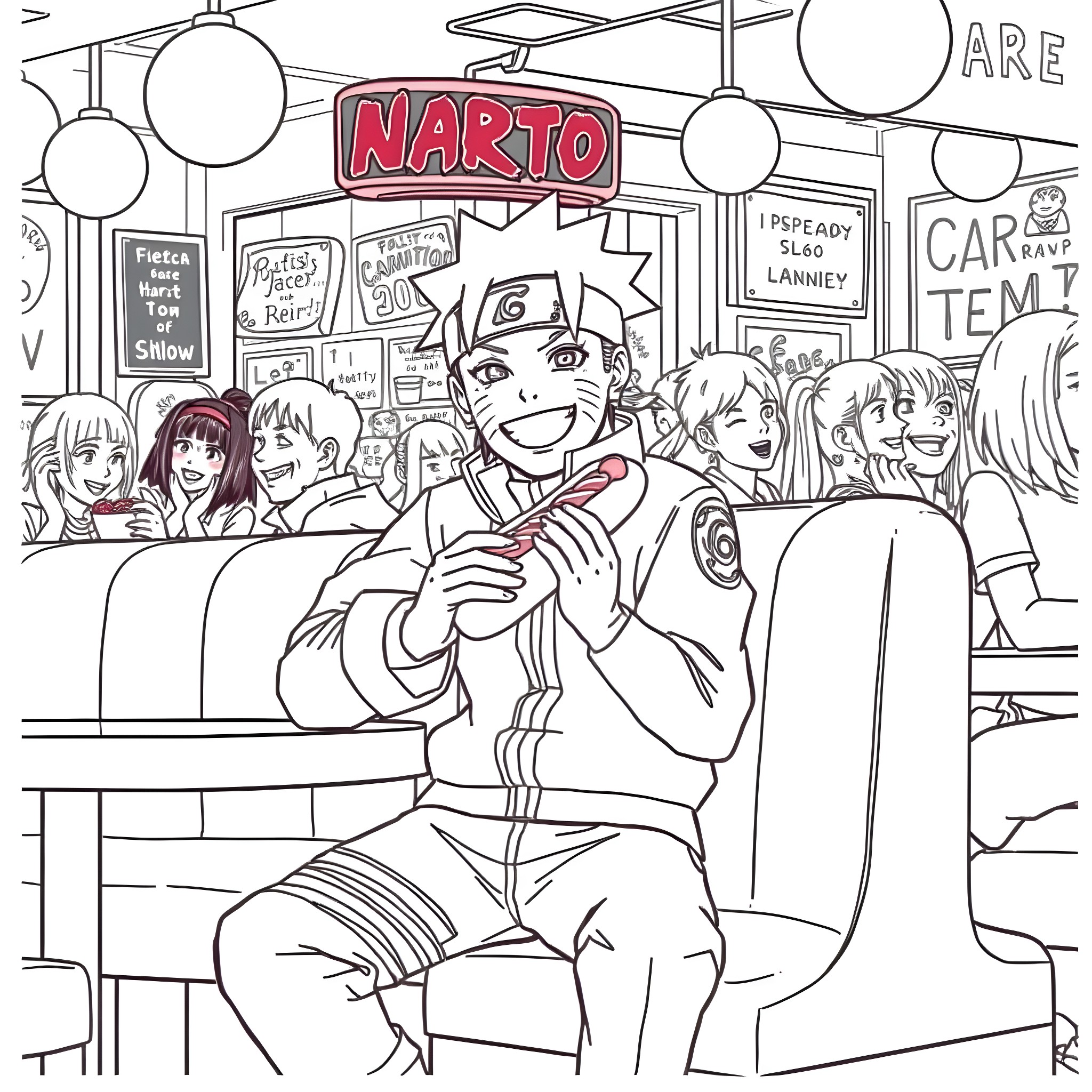 Naruto and friends enjoying an outing at the carnival Coloring Page (free black-and-white line drawing printable PDF for all, from beginners to advanced learners, including children, teens, adults, and seniors)