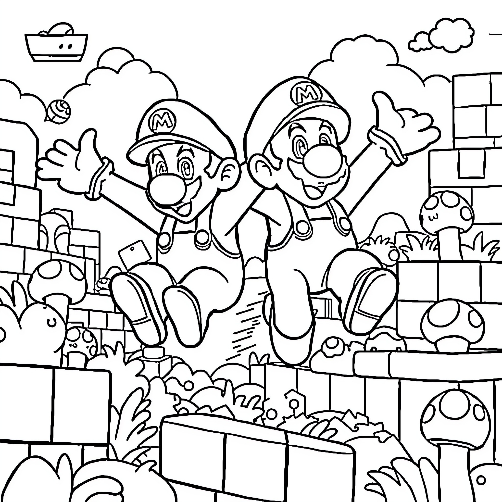 Mario Brothers Jumping and Celebrating in a Colorful Scene Coloring Page (free black-and-white line drawing printable PDF for all, from beginners to advanced learners, including children, teens, adults, and seniors)