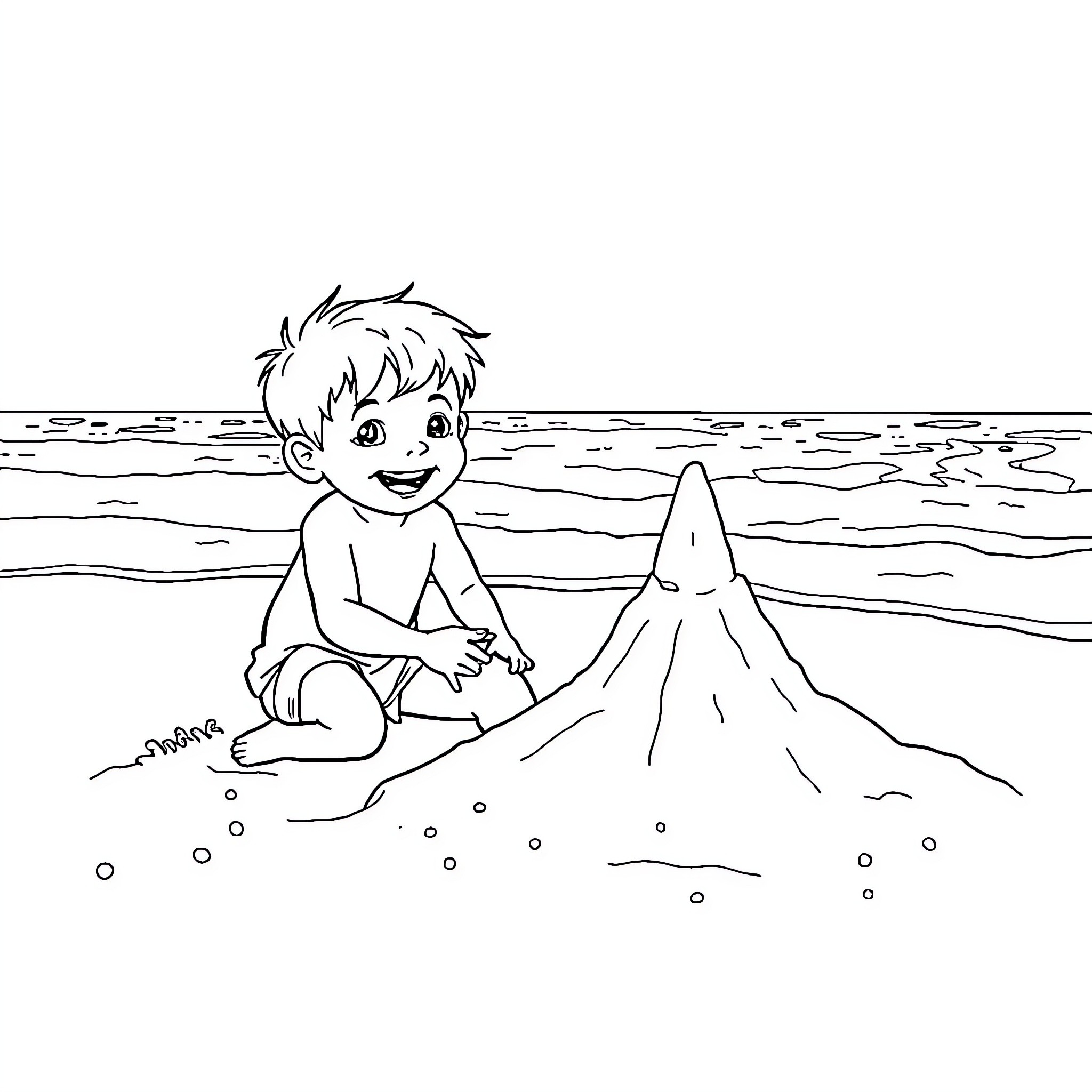 Boy playing in the sand and surf Coloring Page (free black-and-white line drawing printable PDF for all, from beginners to advanced learners, including children, teens, adults, and seniors)