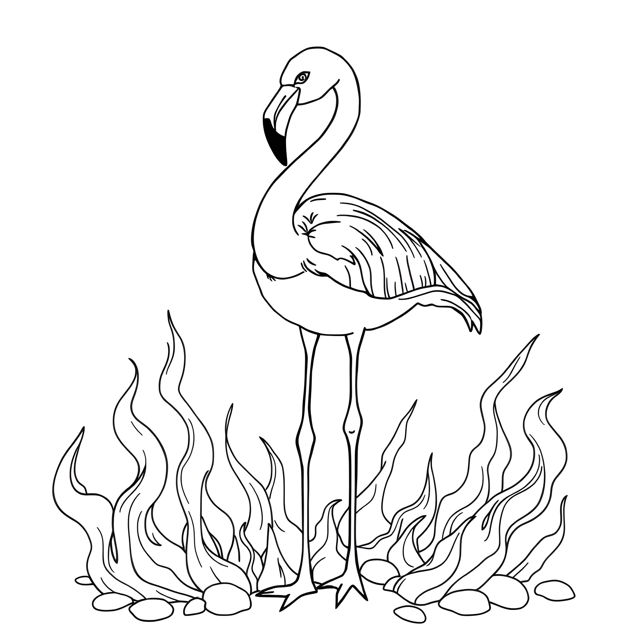 Flamingo standing in the wild Coloring Page (free black-and-white line drawing printable PDF for all, from beginners to advanced learners, including children, teens, adults, and seniors)