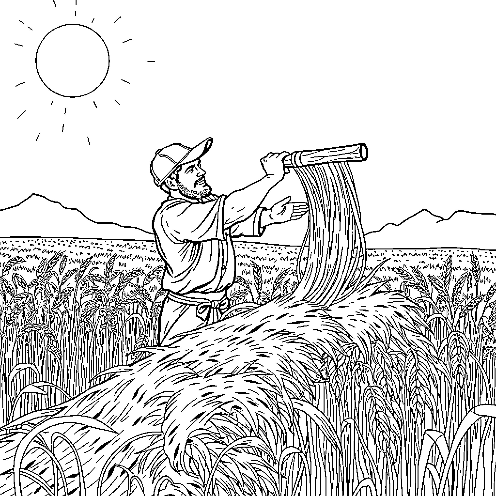 Man harvesting grain in a field under the sun Coloring Page (free black-and-white line drawing printable PDF for all, from beginners to advanced learners, including children, teens, adults, and seniors)