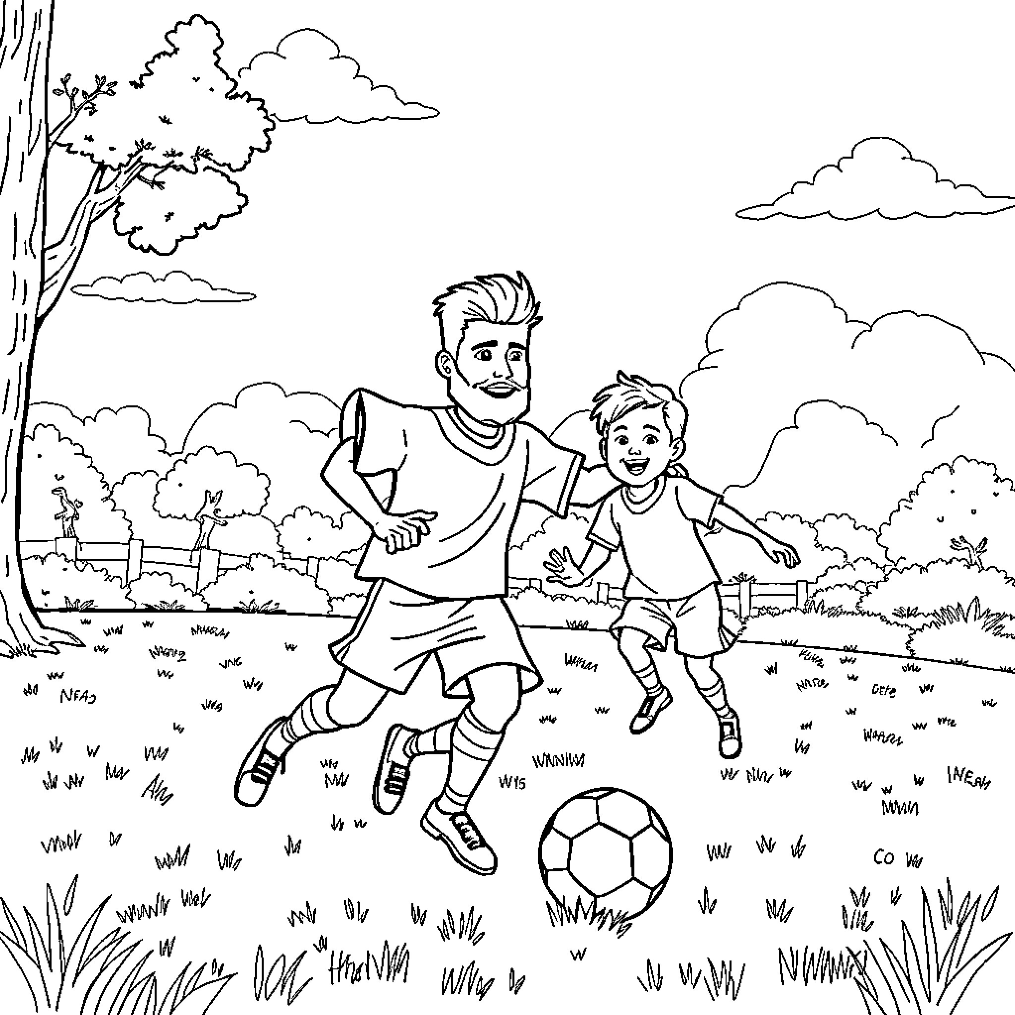 Rumi playing soccer with friends in the park Coloring Page (free black-and-white line drawing printable PDF for all, from beginners to advanced learners, including children, teens, adults, and seniors)