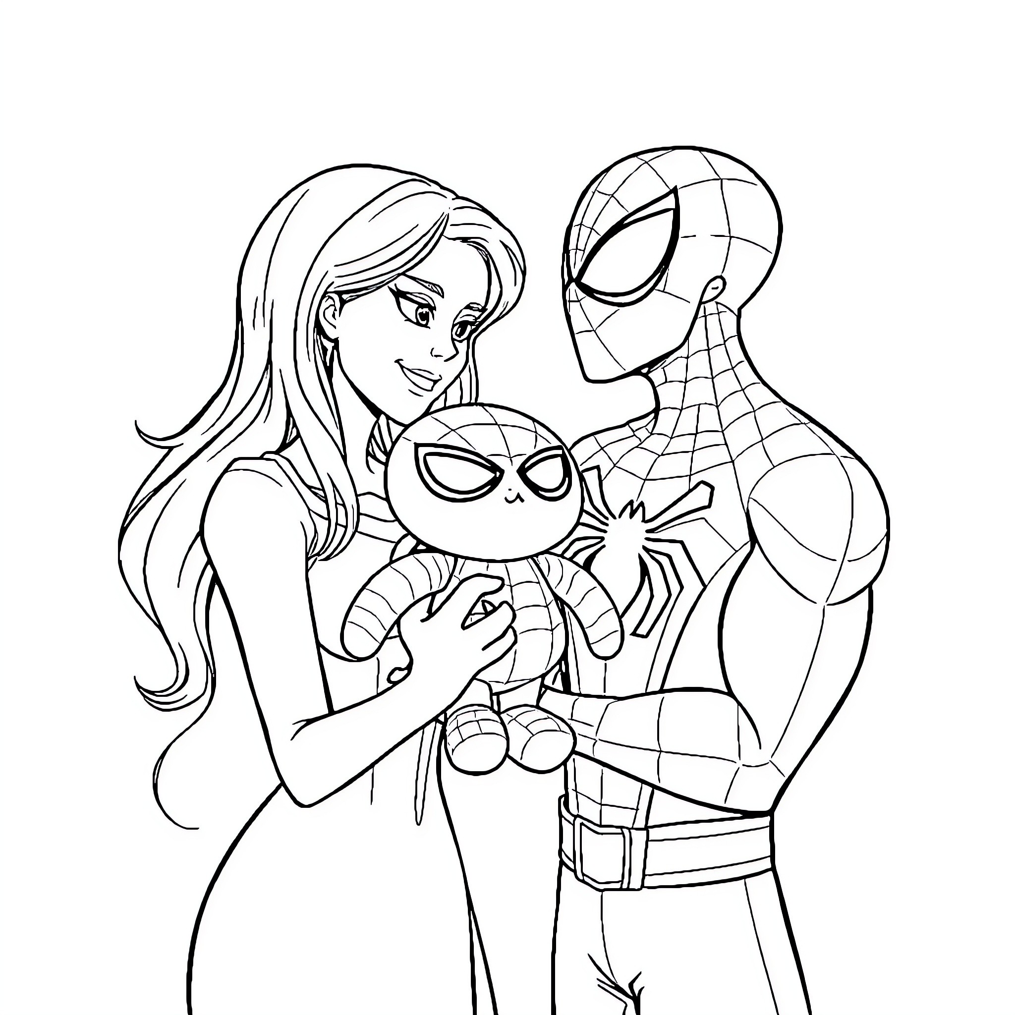 Spiderman and friends having a fun adventure Coloring Page (free black-and-white line drawing printable PDF for all, from beginners to advanced learners, including children, teens, adults, and seniors)