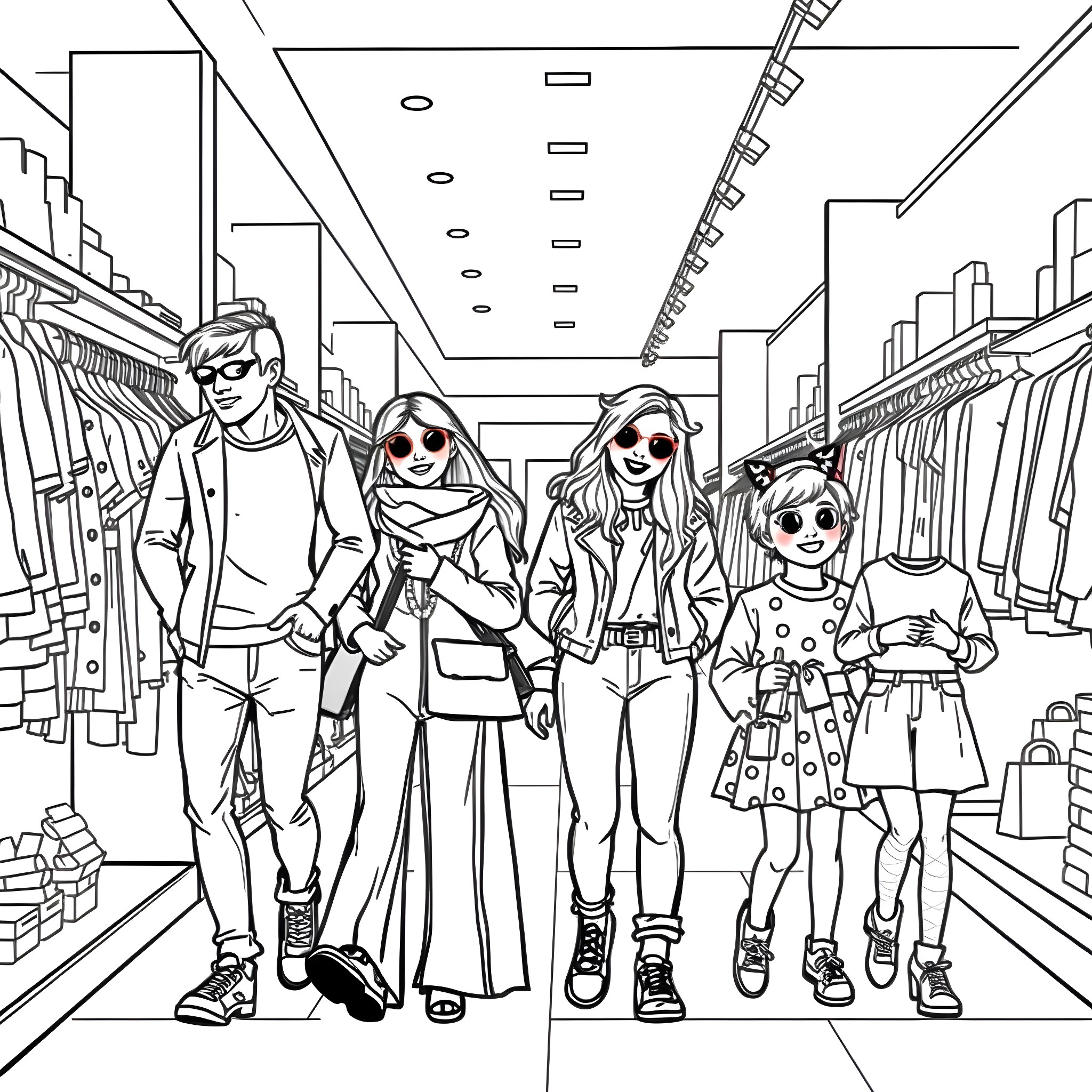 Family Shopping Day in the Mall Coloring Page (free black-and-white line drawing printable PDF for all, from beginners to advanced learners, including children, teens, adults, and seniors)