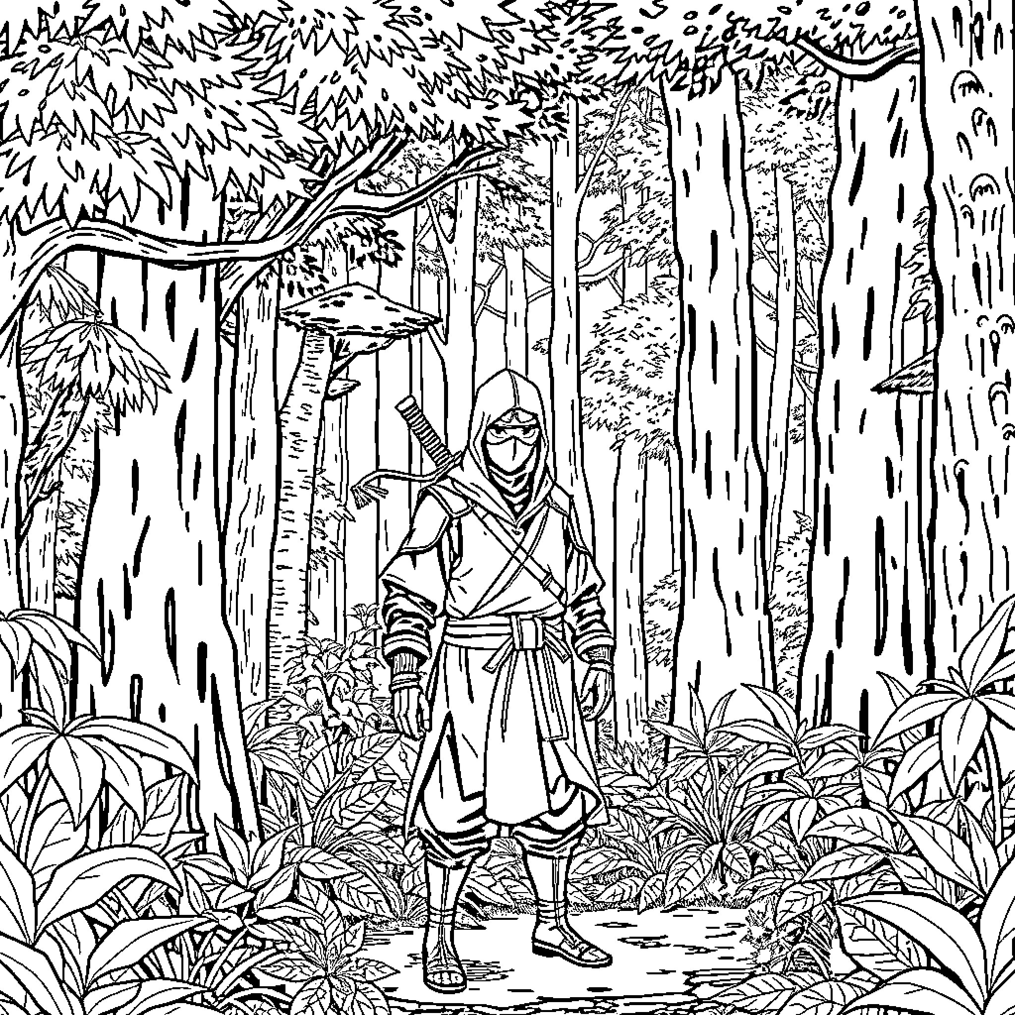 Ninja Warrior Navigates Mysterious Forest Coloring Page (free black-and-white line drawing printable PDF for all, from beginners to advanced learners, including children, teens, adults, and seniors)