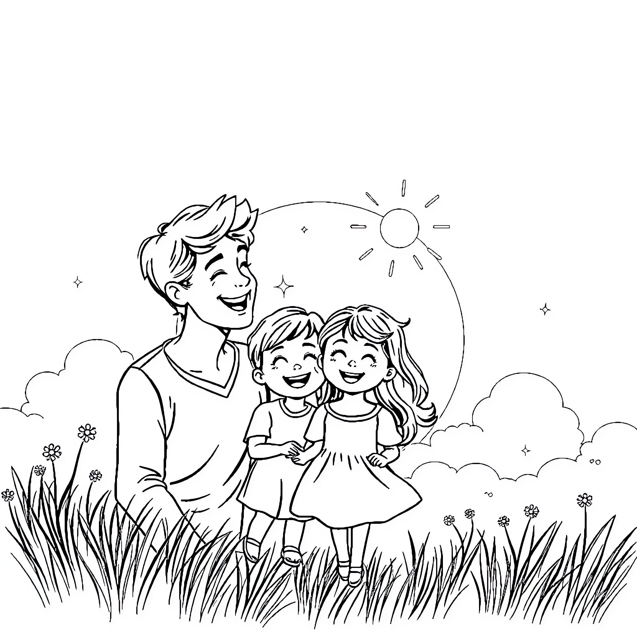 Rocket family exploring nature together Coloring Page (free black-and-white line drawing printable PDF for all, from beginners to advanced learners, including children, teens, adults, and seniors)