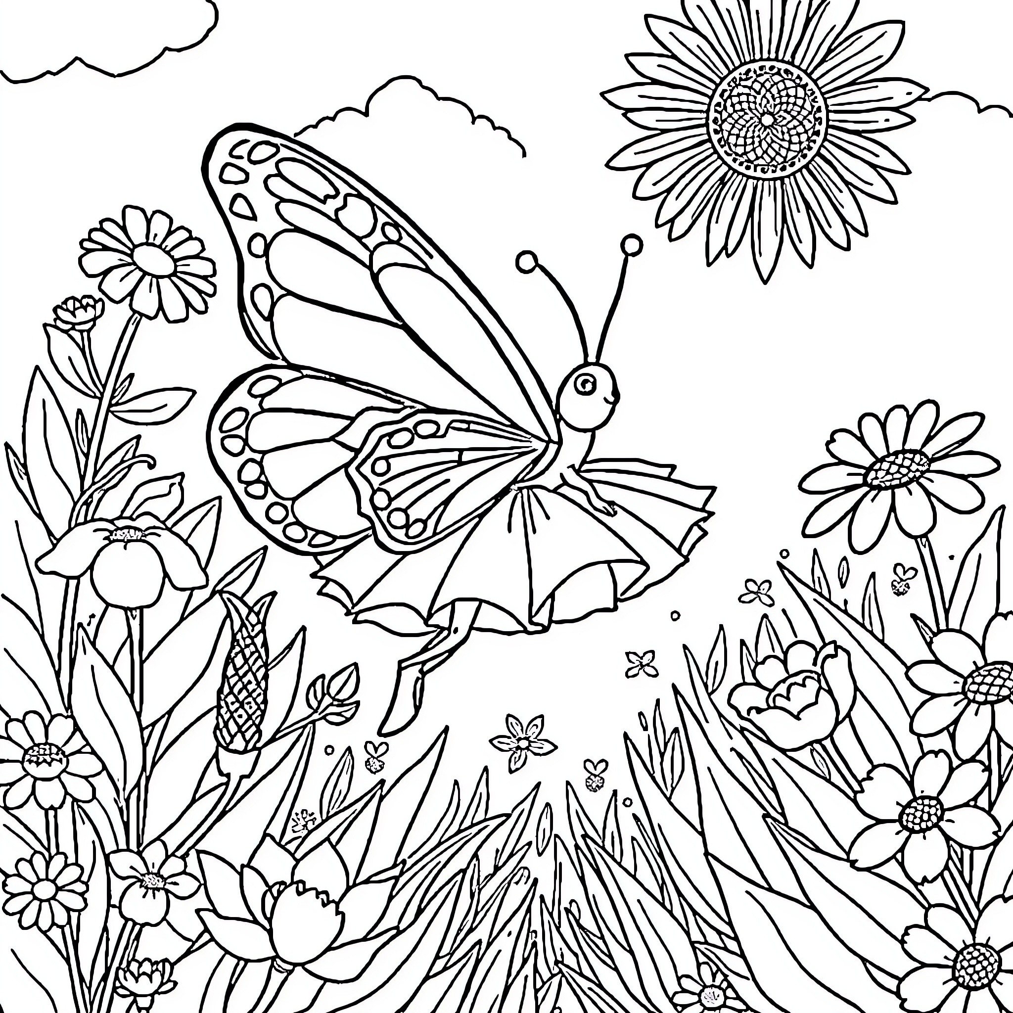 Butterfly dancing among flowers in the meadow Coloring Page (free black-and-white line drawing printable PDF for all, from beginners to advanced learners, including children, teens, adults, and seniors)