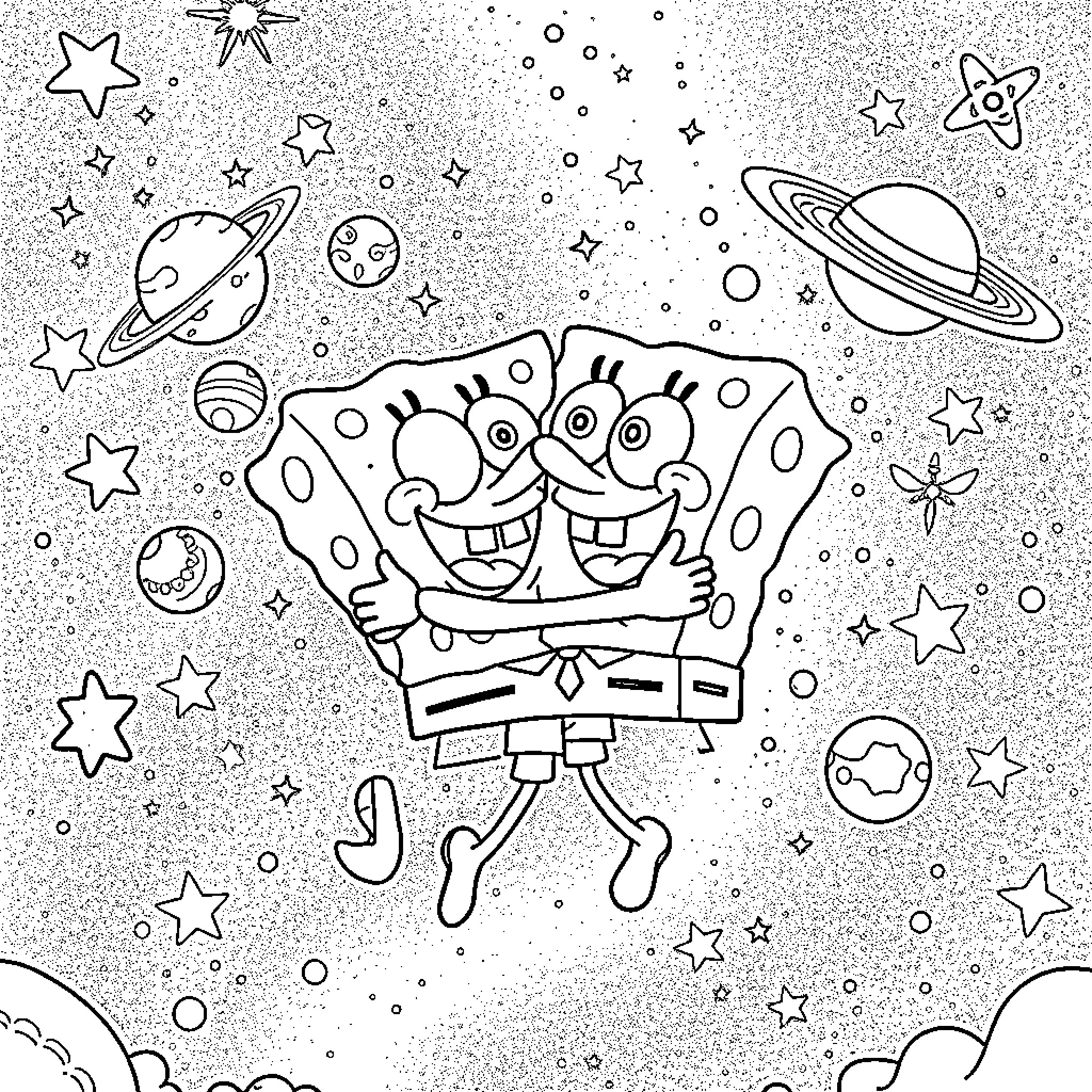 Spongebob and Patrick explore the cosmos Coloring Page (free black-and-white line drawing printable PDF for all, from beginners to advanced learners, including children, teens, adults, and seniors)