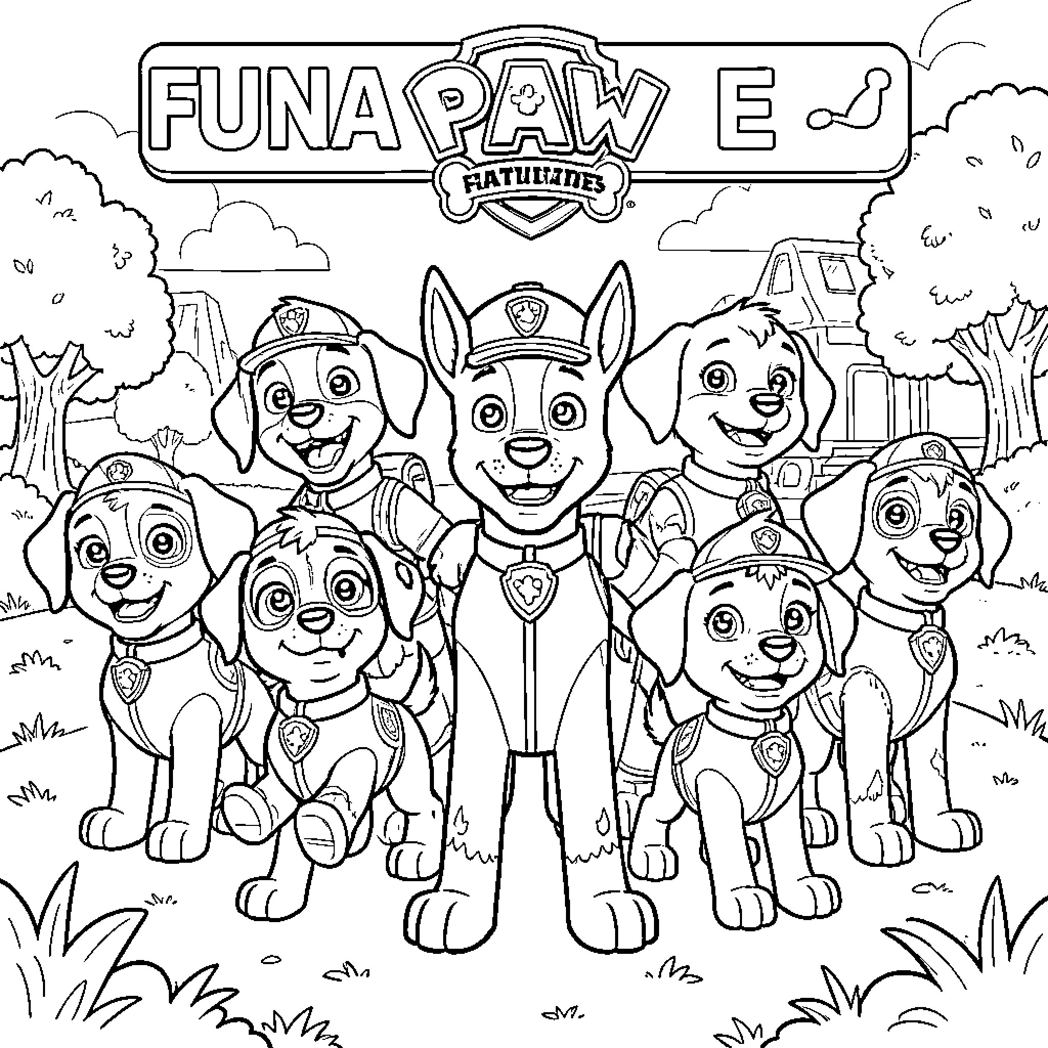 Paw Patrol gathering in the outdoors Coloring Page (free black-and-white line drawing printable PDF for all, from beginners to advanced learners, including children, teens, adults, and seniors)