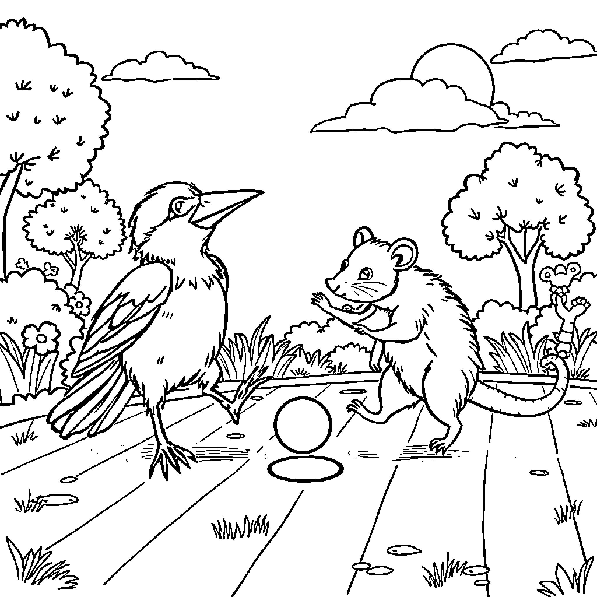 Raven playing with curious squirrel in forest Coloring Page (free black-and-white line drawing printable PDF for all, from beginners to advanced learners, including children, teens, adults, and seniors)