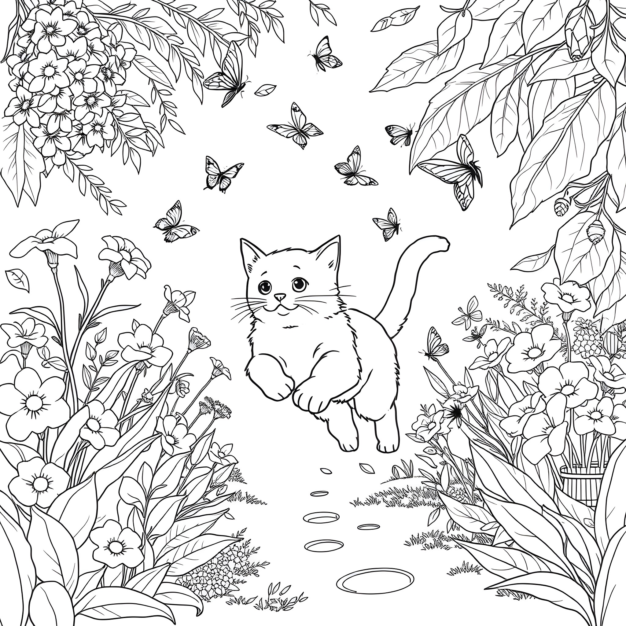 Cat playing in whimsical floral garden Coloring Page (free black-and-white line drawing printable PDF for all, from beginners to advanced learners, including children, teens, adults, and seniors)
