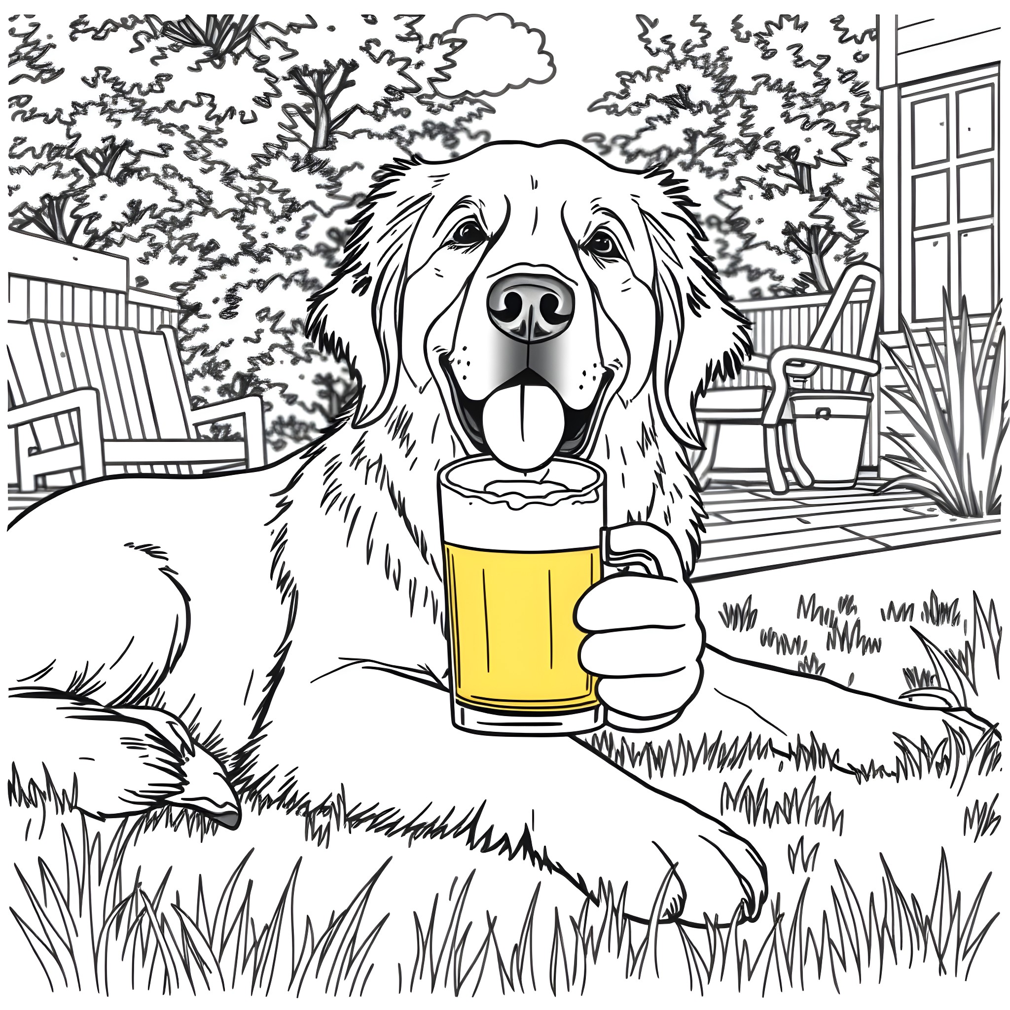 Retriever Enjoying a Refreshing Drink in the Backyard Coloring Page (free black-and-white line drawing printable PDF for all, from beginners to advanced learners, including children, teens, adults, and seniors)