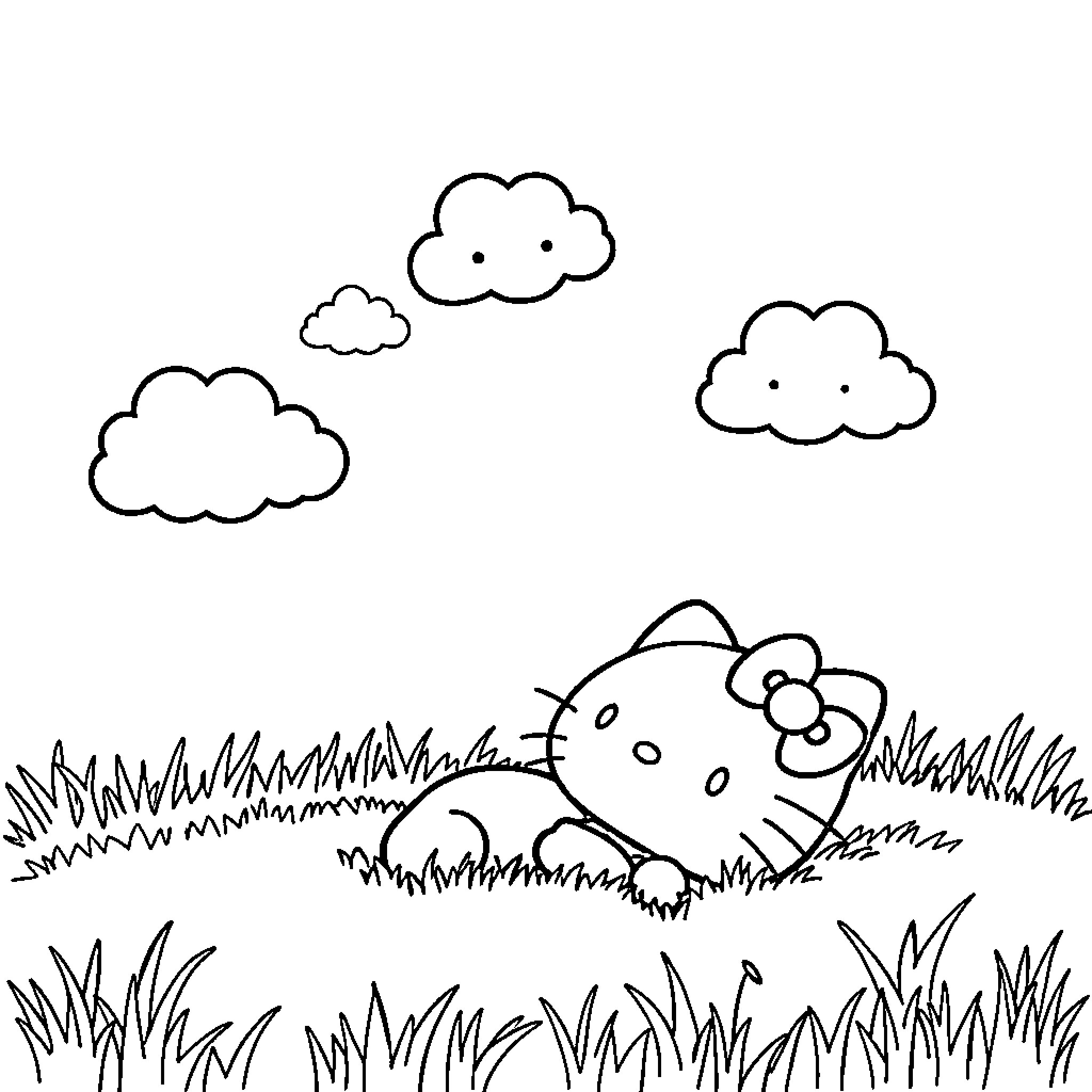 Hello Kitty playing in a grassy field Coloring Page (free black-and-white line drawing printable PDF for all, from beginners to advanced learners, including children, teens, adults, and seniors)