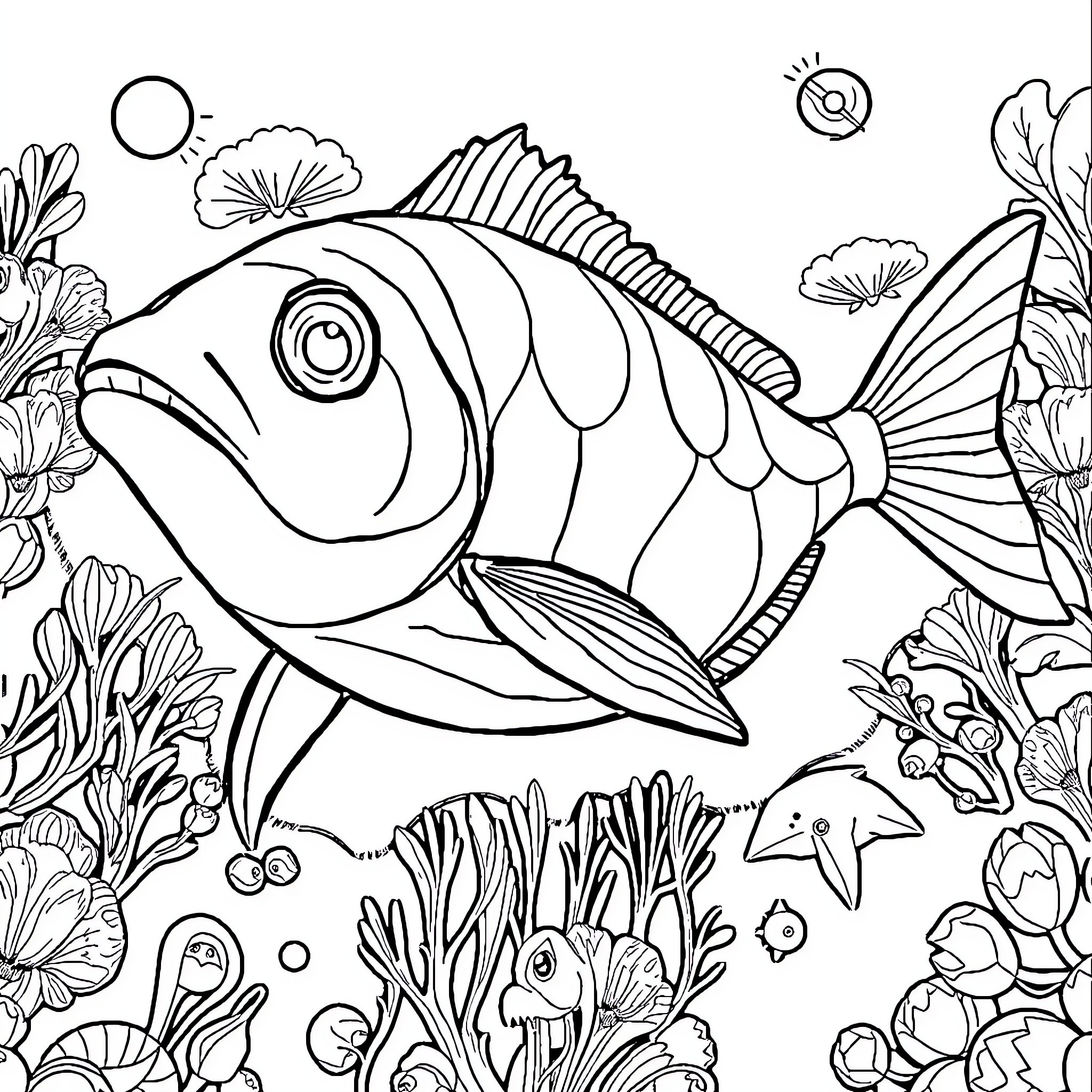 Sea Animal swimming among vibrant underwater plants Coloring Page (free black-and-white line drawing printable PDF for all, from beginners to advanced learners, including children, teens, adults, and seniors)