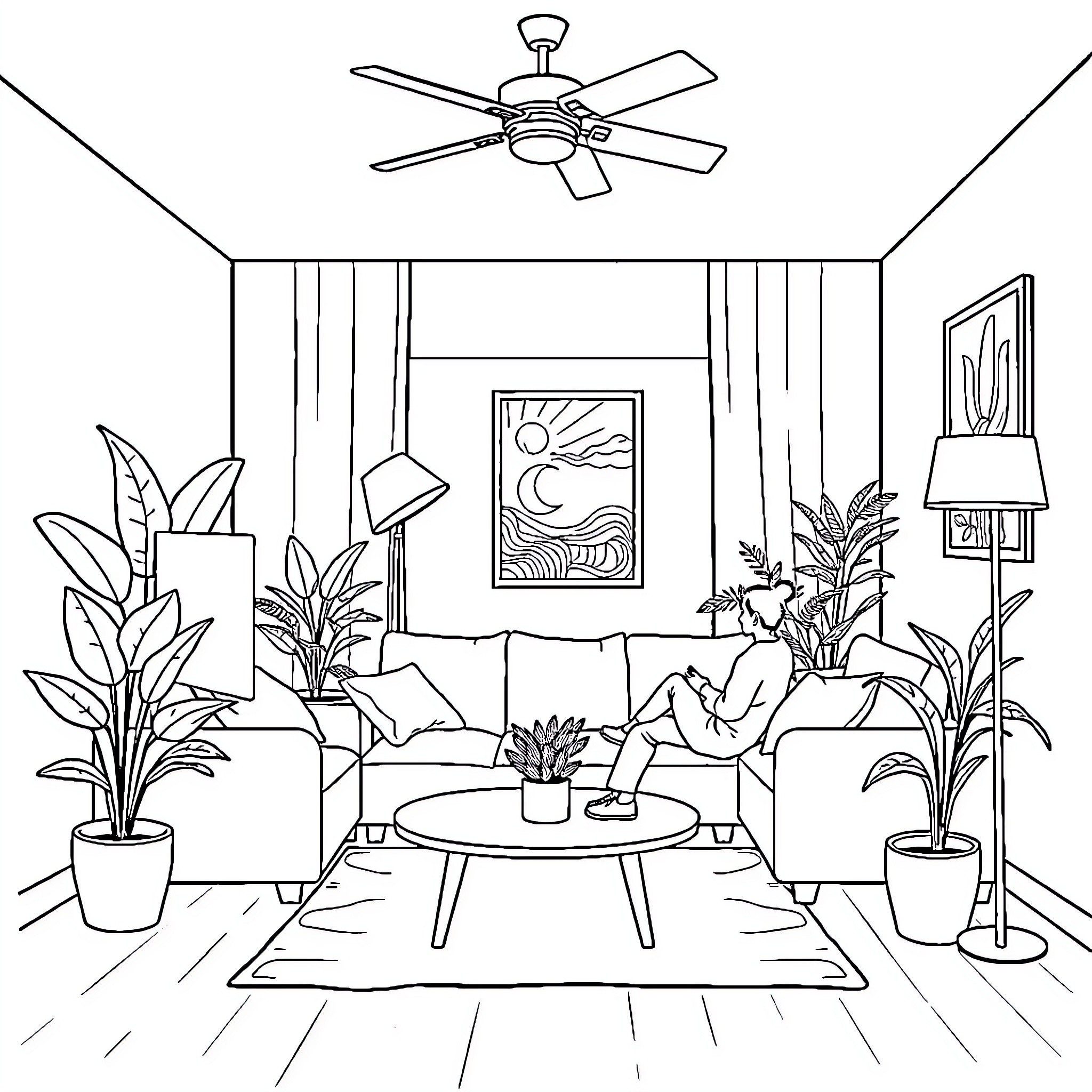Living Room with Cozy Furnishings and Potted Plants Coloring Page (free black-and-white line drawing printable PDF for all, from beginners to advanced learners, including children, teens, adults, and seniors)