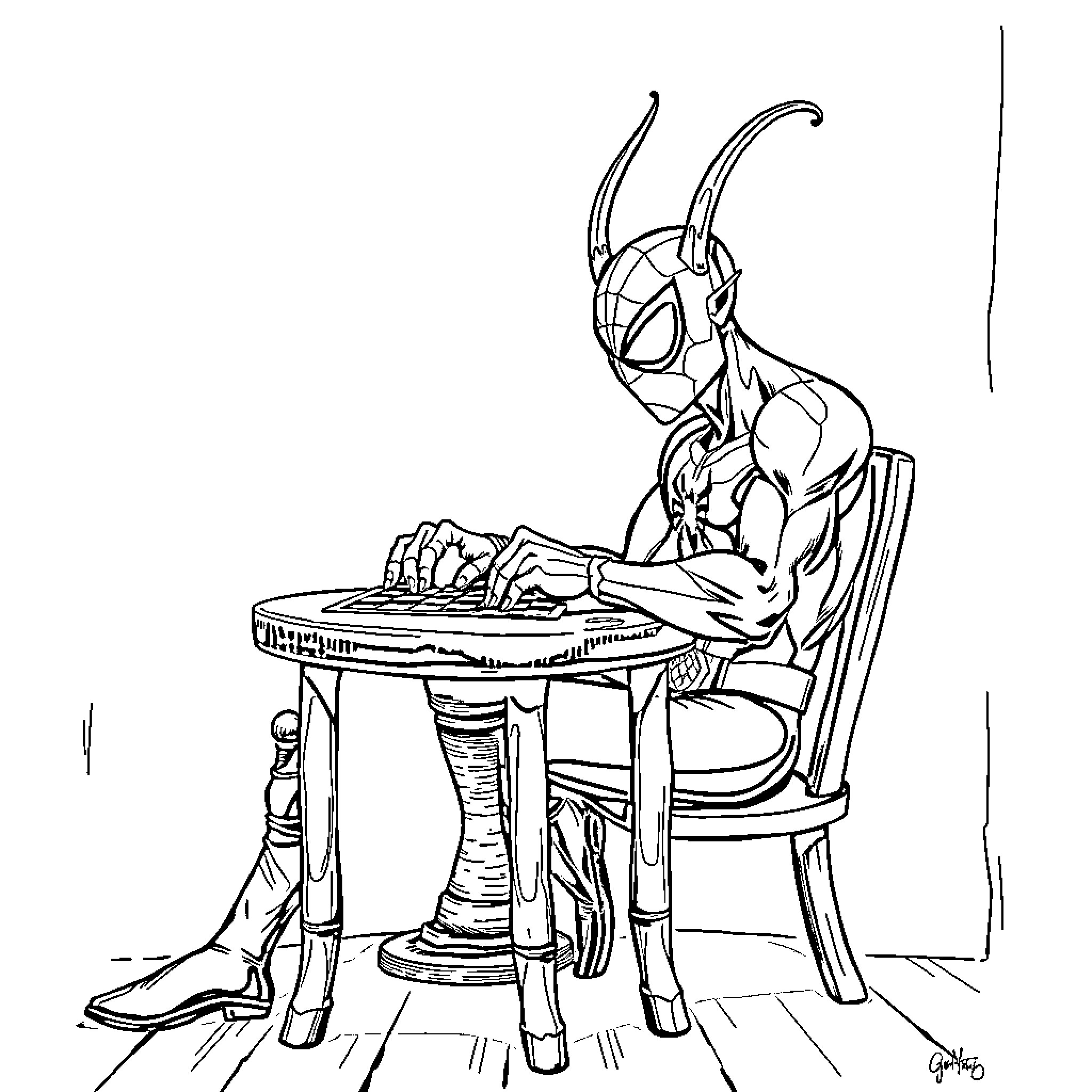 Goblin-like creature enjoying a meal at the table Coloring Page (free black-and-white line drawing printable PDF for all, from beginners to advanced learners, including children, teens, adults, and seniors)