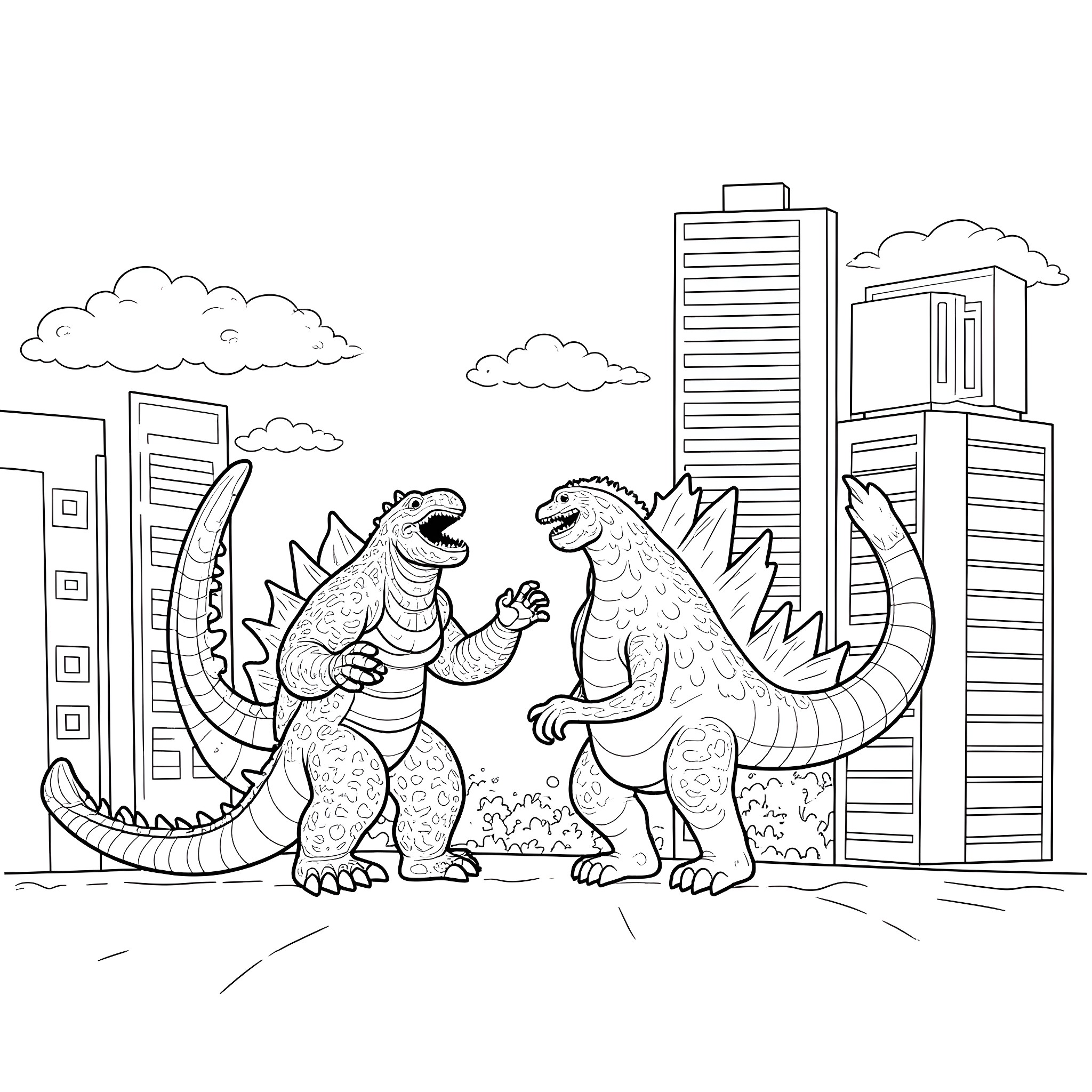 Godzilla monsters battling in the city Coloring Page (free black-and-white line drawing printable PDF for all, from beginners to advanced learners, including children, teens, adults, and seniors)