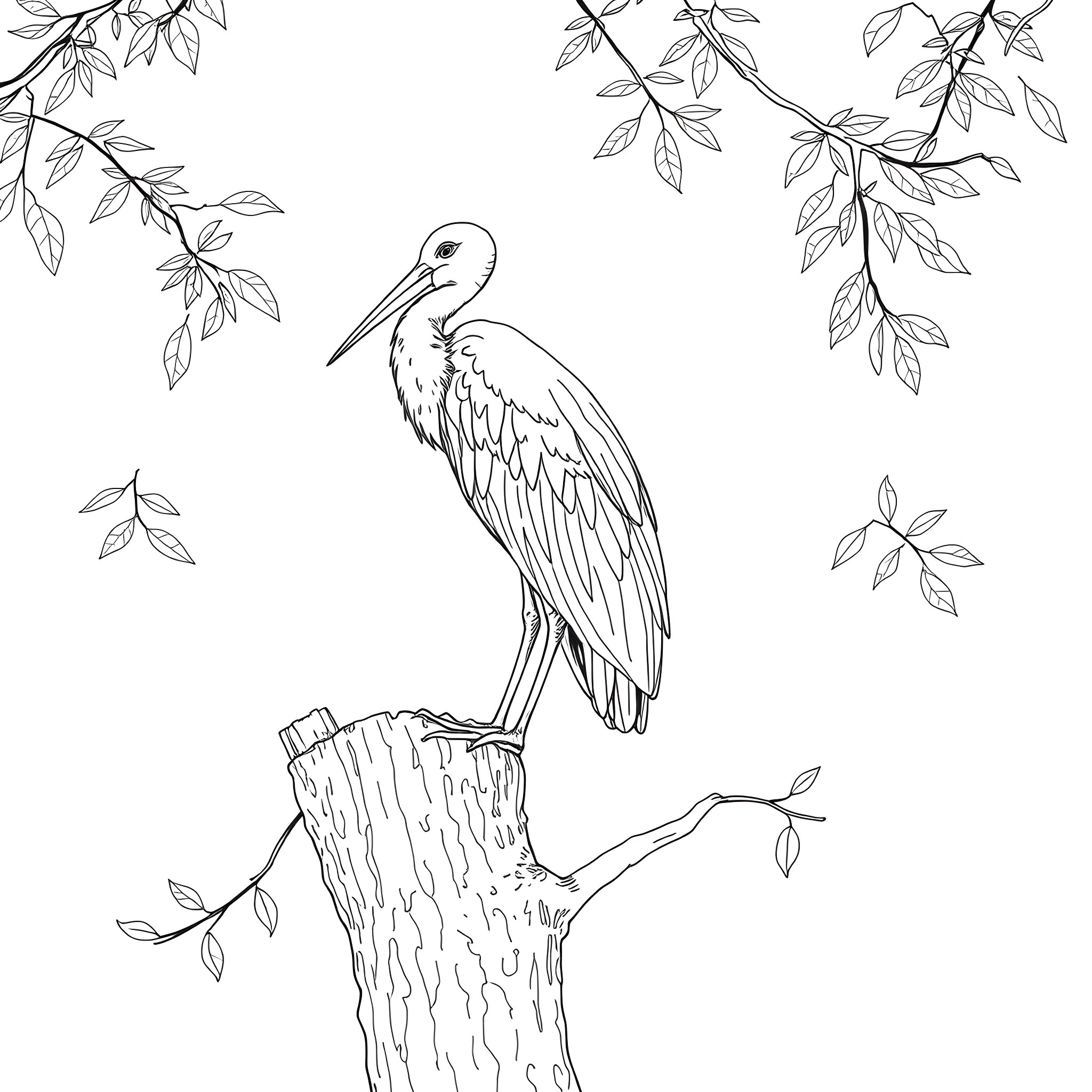 Scarlet Ibis perching on a tree stump Coloring Page (free black-and-white line drawing printable PDF for all, from beginners to advanced learners, including children, teens, adults, and seniors)