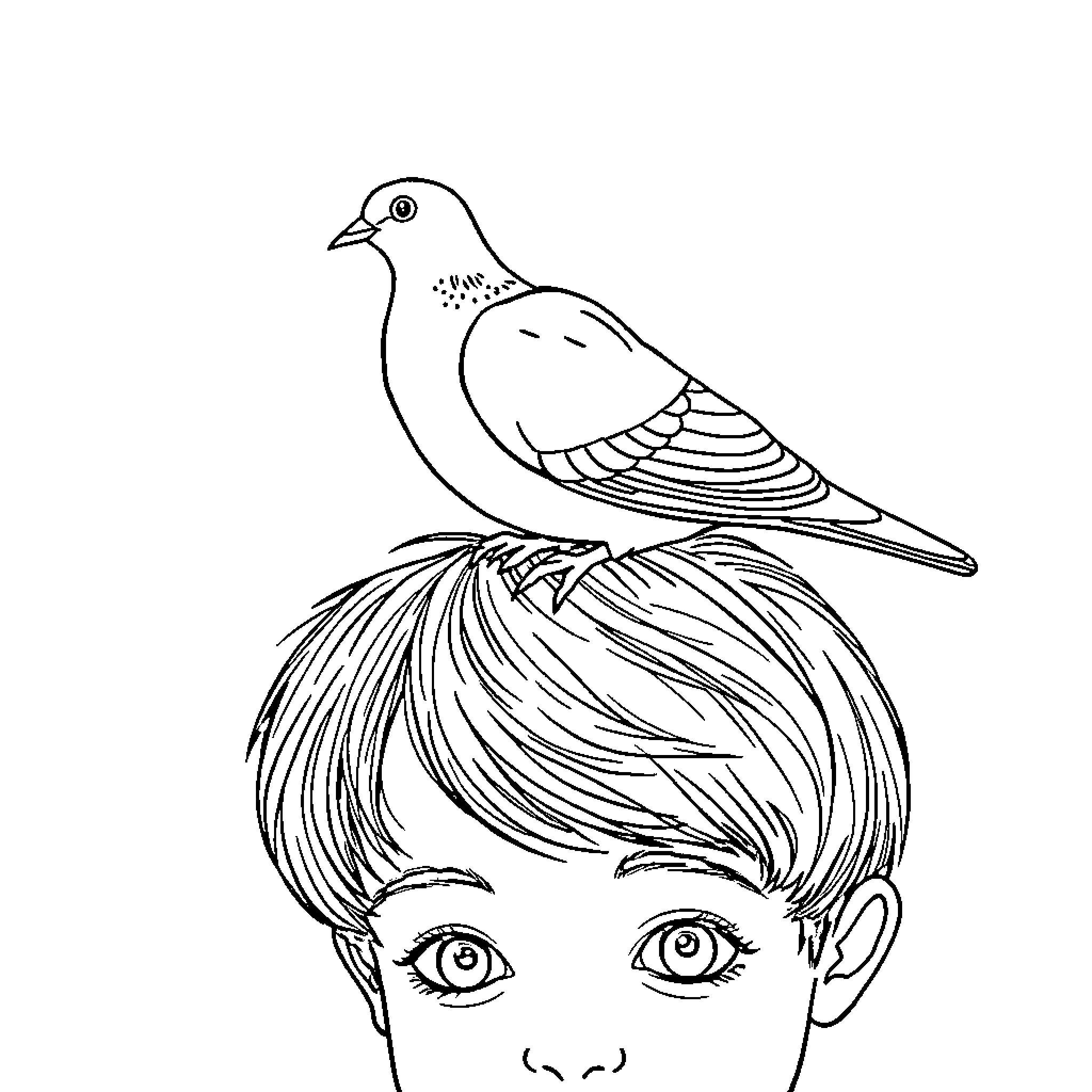 Dove perched atop a person's head Coloring Page (free black-and-white line drawing printable PDF for all, from beginners to advanced learners, including children, teens, adults, and seniors)