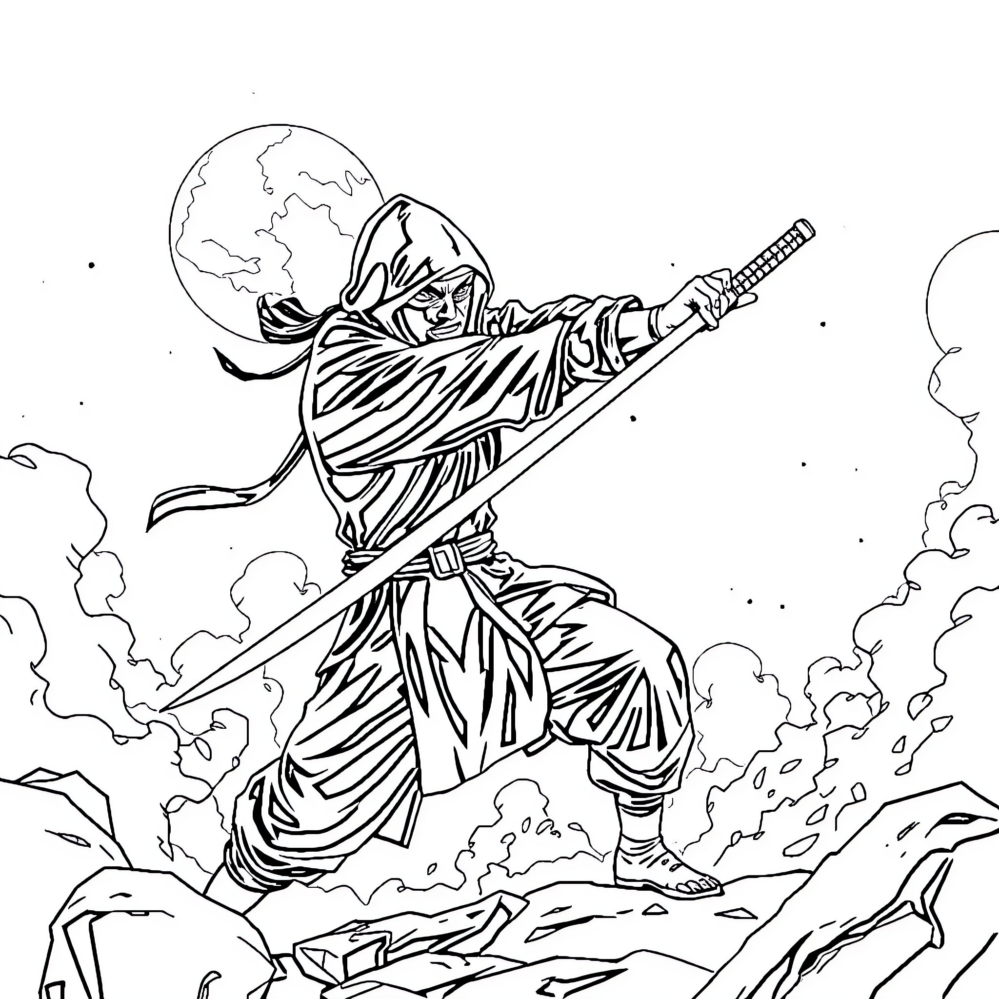 Ninja warrior wielding katana in epic battle Coloring Page (free black-and-white line drawing printable PDF for all, from beginners to advanced learners, including children, teens, adults, and seniors)