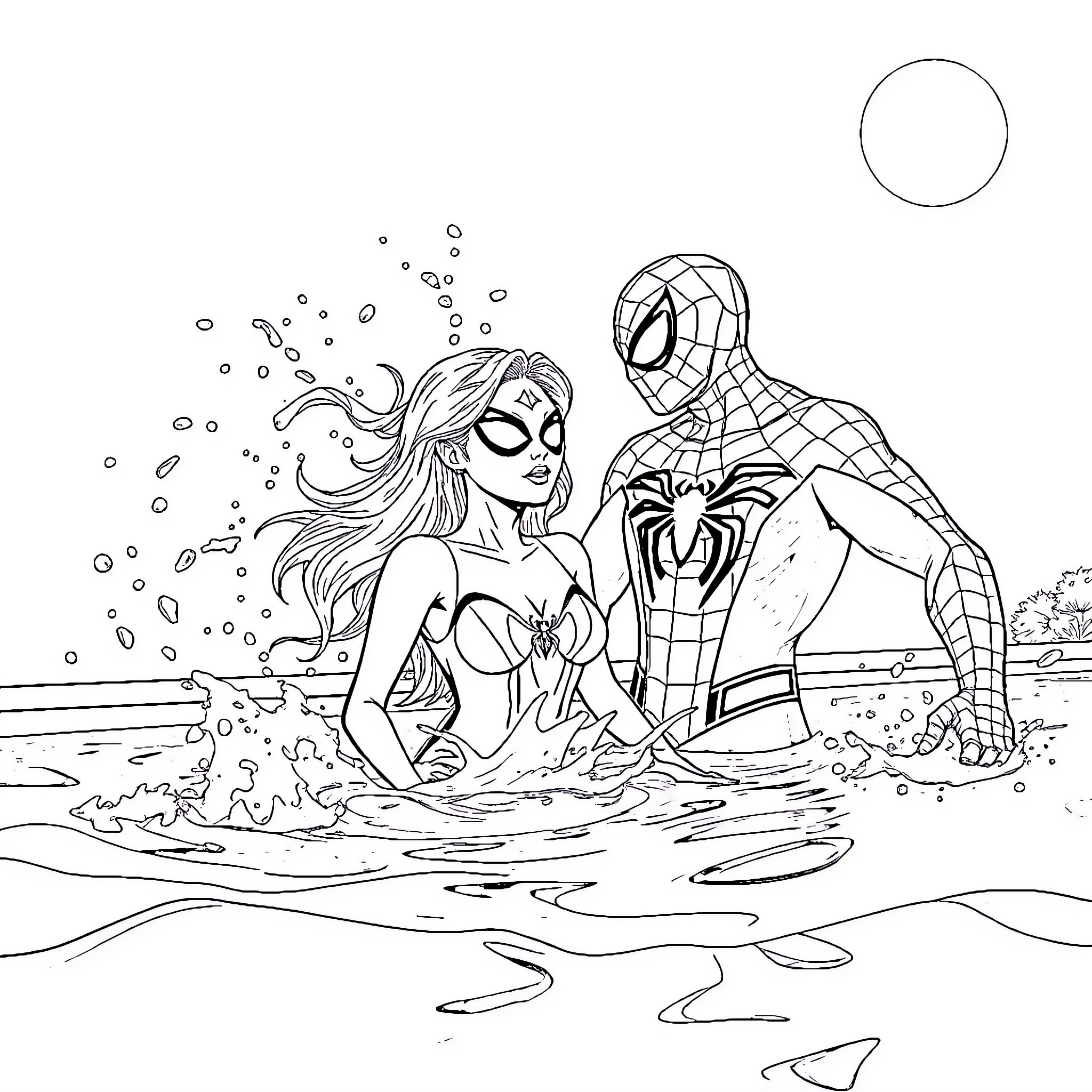 Spiderman and Superheroine Adventure on the Beach Coloring Page (free black-and-white line drawing printable PDF for all, from beginners to advanced learners, including children, teens, adults, and seniors)