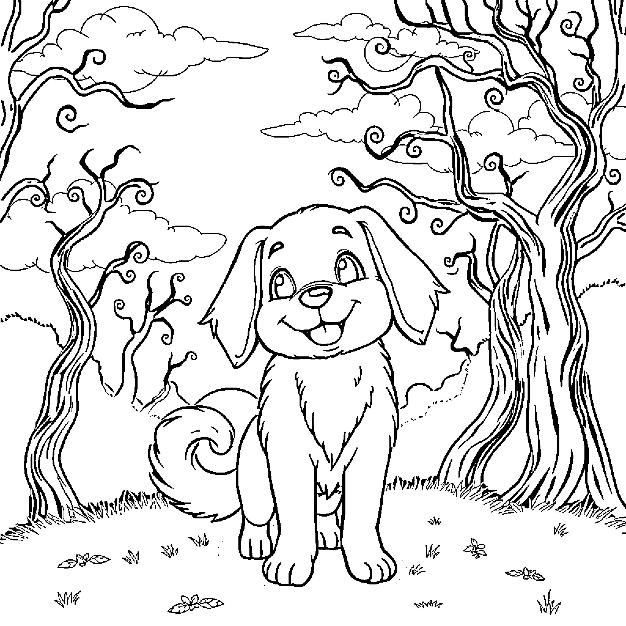 Pompurin's Whimsical Forest Adventure Coloring Page (free black-and-white line drawing printable PDF for all, from beginners to advanced learners, including children, teens, adults, and seniors)